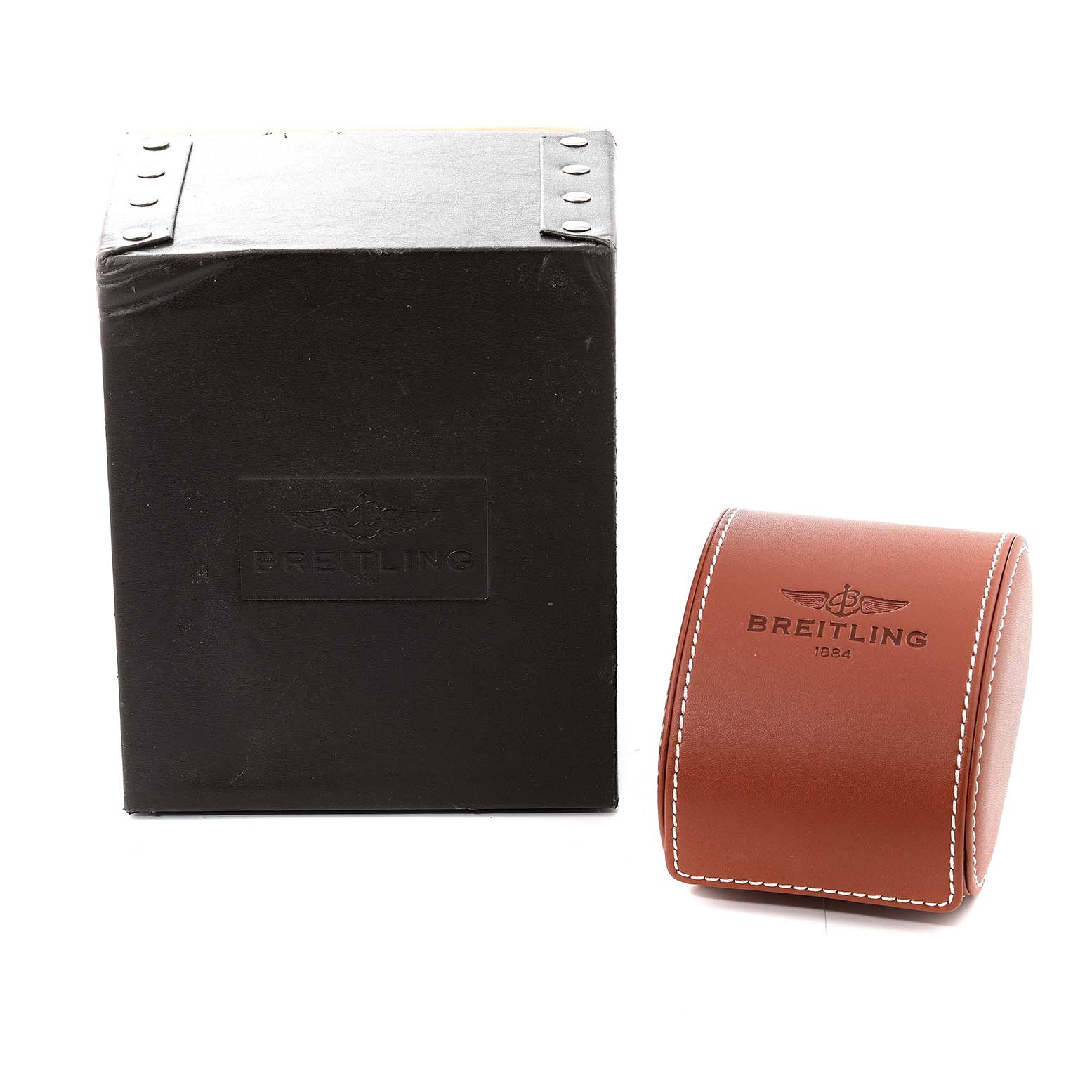 The image shows the packaging for the Breitling Superocean Y17393 Men's Stainless Steel Blue Dial Y17393 Men's Stainless Steel Blue Dial, including a black box and a brown leather case with branding.