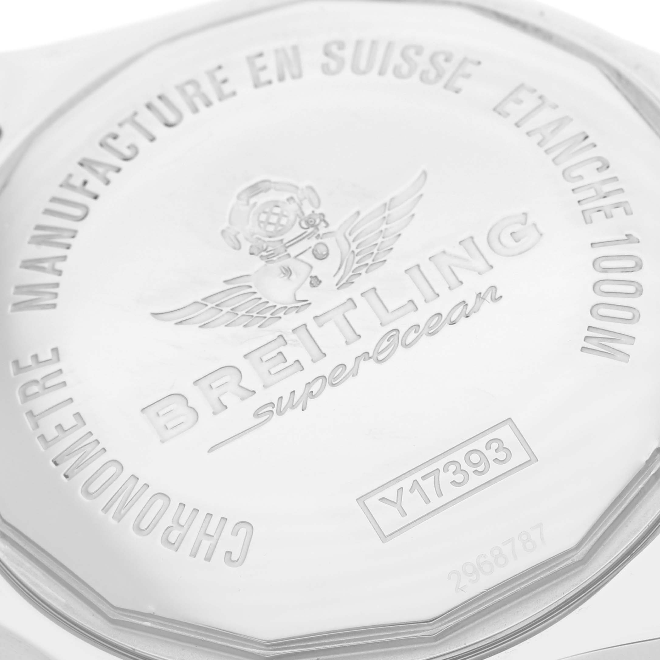 The image shows the back case of a Breitling Superocean Y17393 Men's Stainless Steel Blue Dial Y17393 Men's Stainless Steel Blue Dial watch, highlighting its engravings and model details.