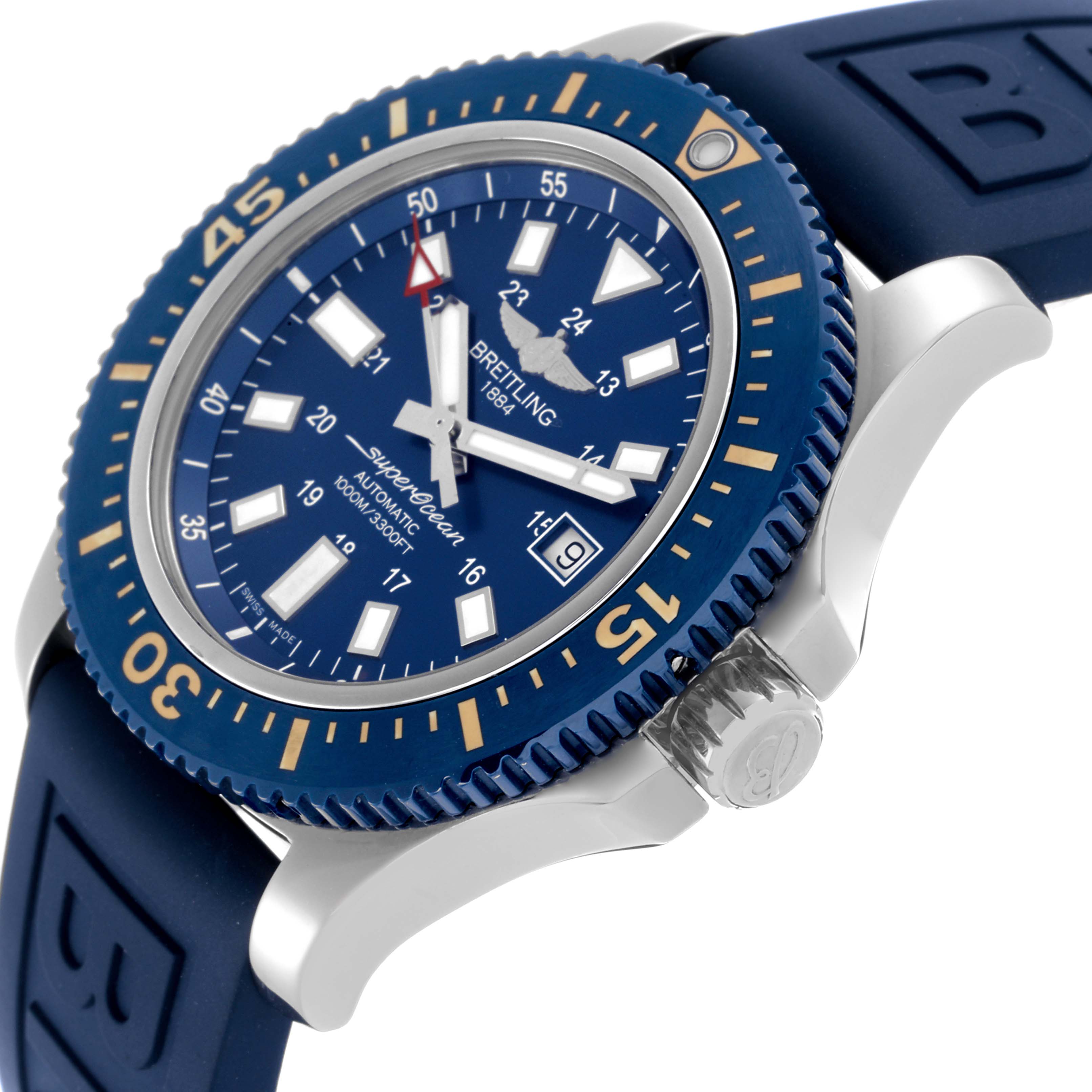 The Breitling Superocean Y17393 Men's Stainless Steel Blue Dial Y17393 Men's Stainless Steel Blue Dial watch is shown from an angled side view, highlighting the blue bezel, dial, crown, and strap.
