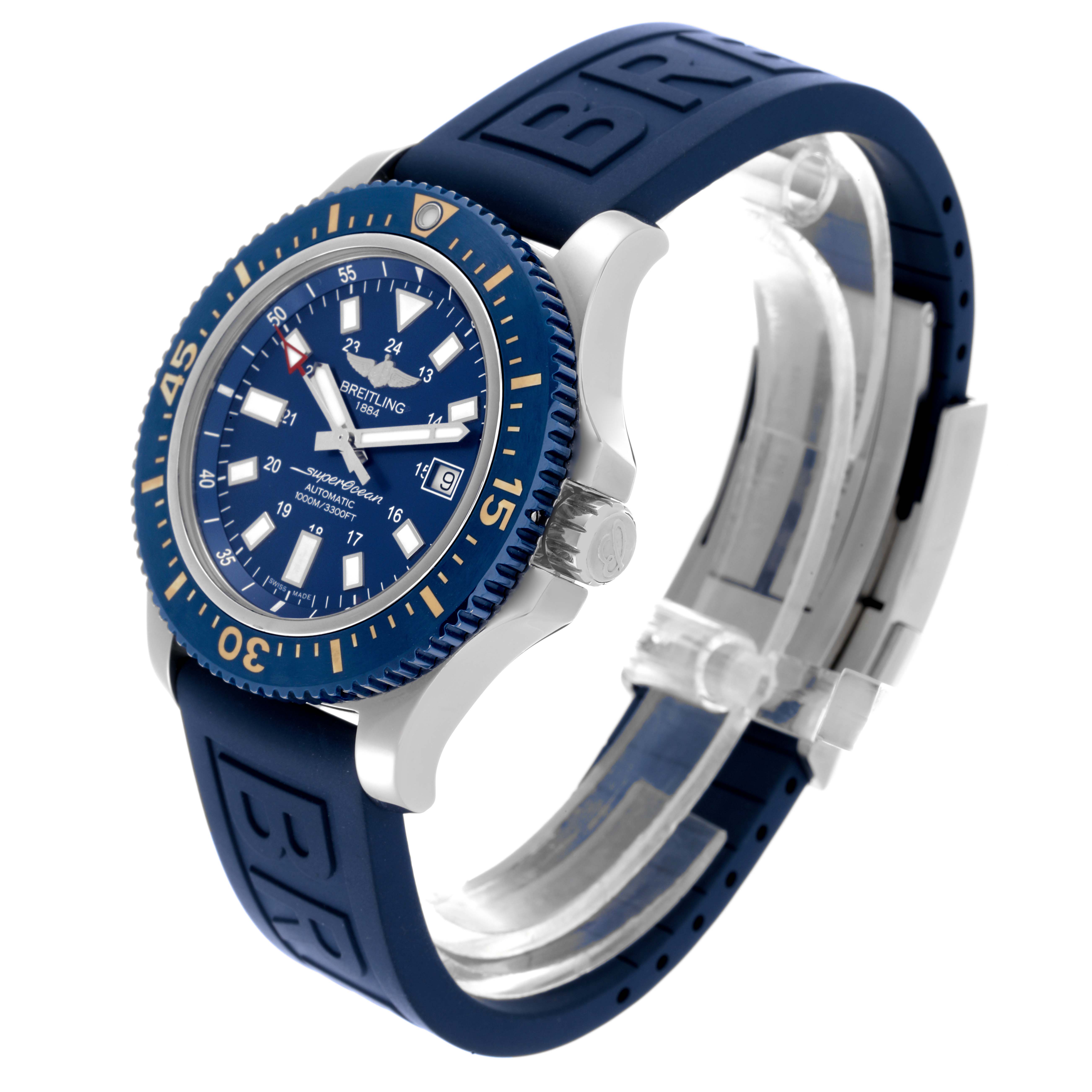 The Breitling Superocean Y17393 Men's Stainless Steel Blue Dial Y17393 Men's Stainless Steel Blue Dial watch is shown at a slight angle, highlighting the blue bezel, face, and rubber strap.
