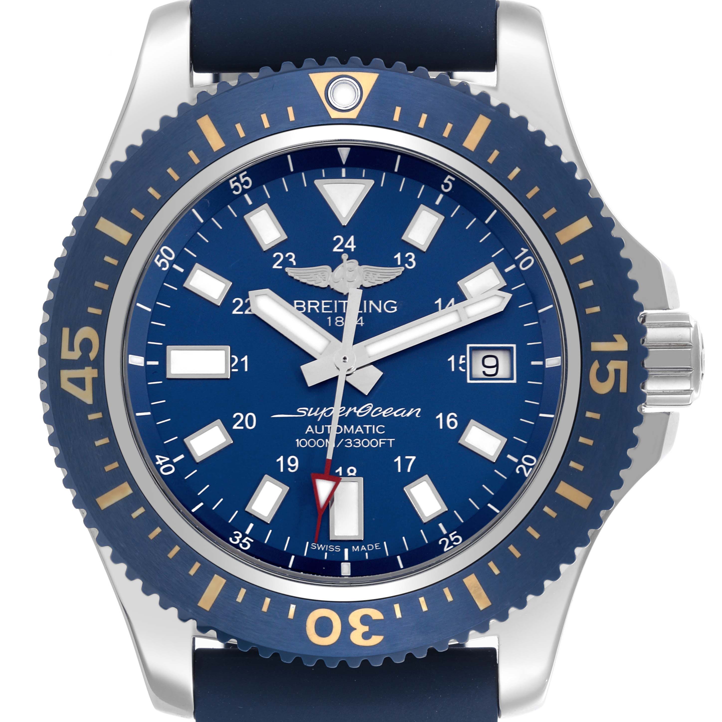 The Breitling Superocean Y17393 Men's Stainless Steel Blue Dial Y17393 Men's Stainless Steel Blue Dial watch is shown from a top-down angle, highlighting the dial, bezel, and crown.