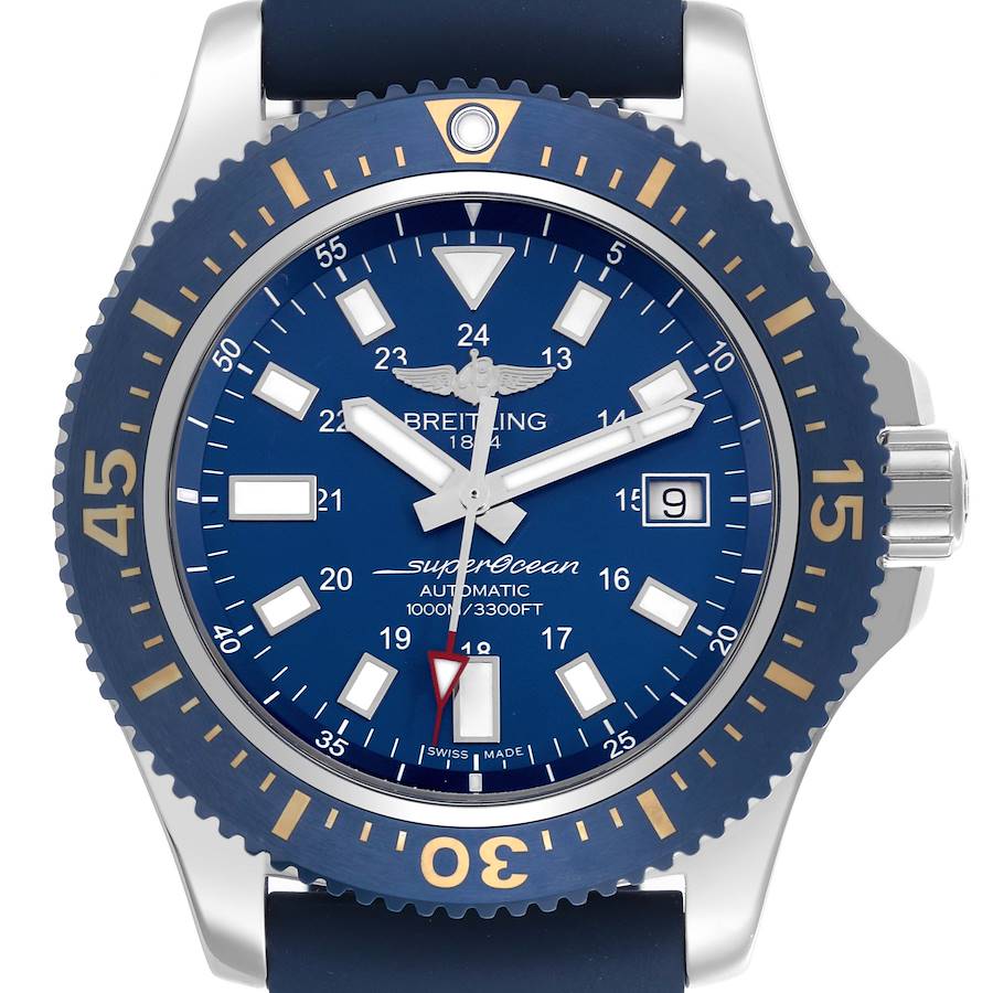 The Breitling Superocean watch is shown from a top-down angle, highlighting the dial, bezel, and crown.