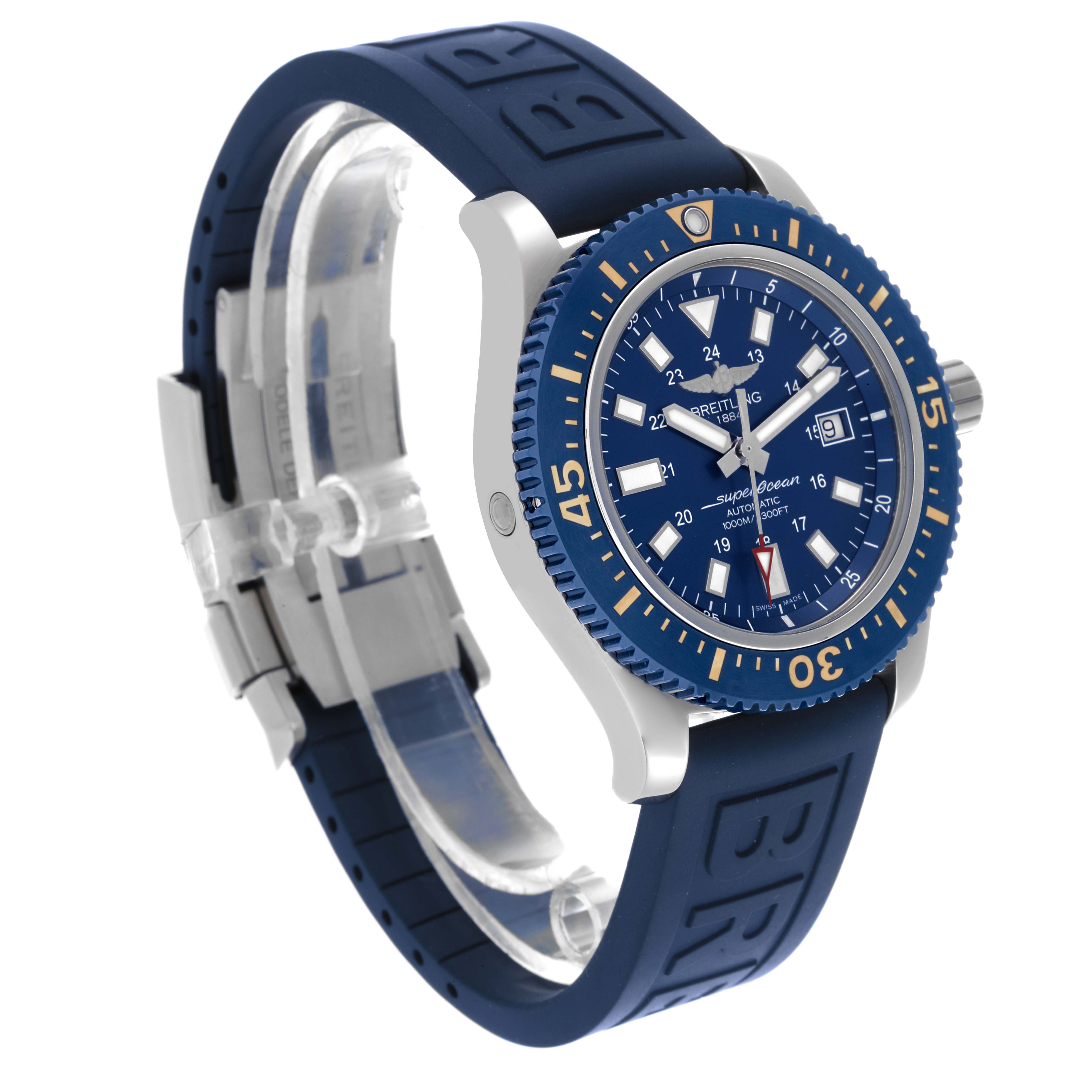The Breitling Superocean Y17393 Men's Stainless Steel Blue Dial Y17393 Men's Stainless Steel Blue Dial watch is angled to show the face, bezel, and blue strap in a side profile view.