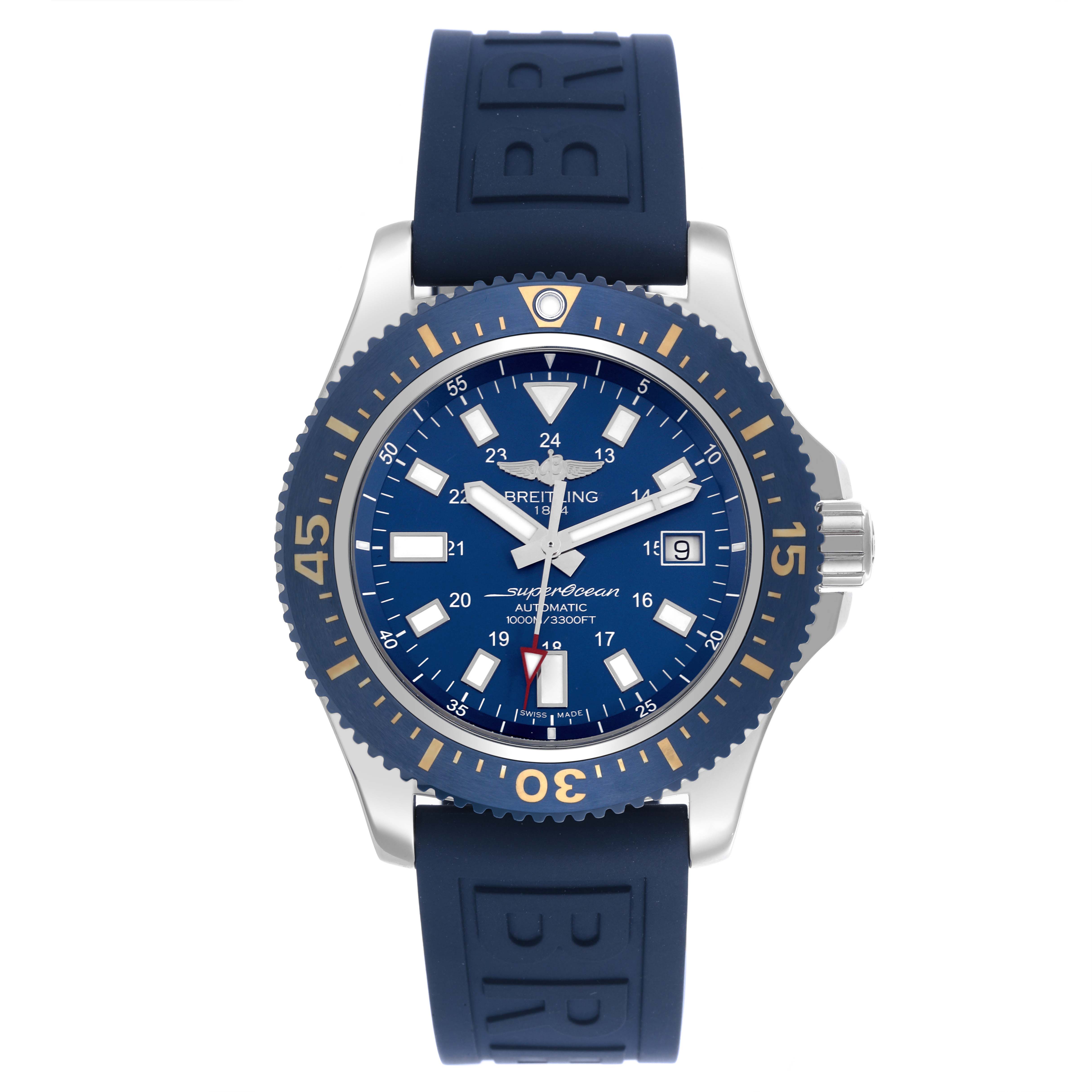 The Breitling Superocean Y17393 Men's Stainless Steel Blue Dial Y17393 Men's Stainless Steel Blue Dial watch is shown from a front angle, highlighting its face, bezel, and strap.