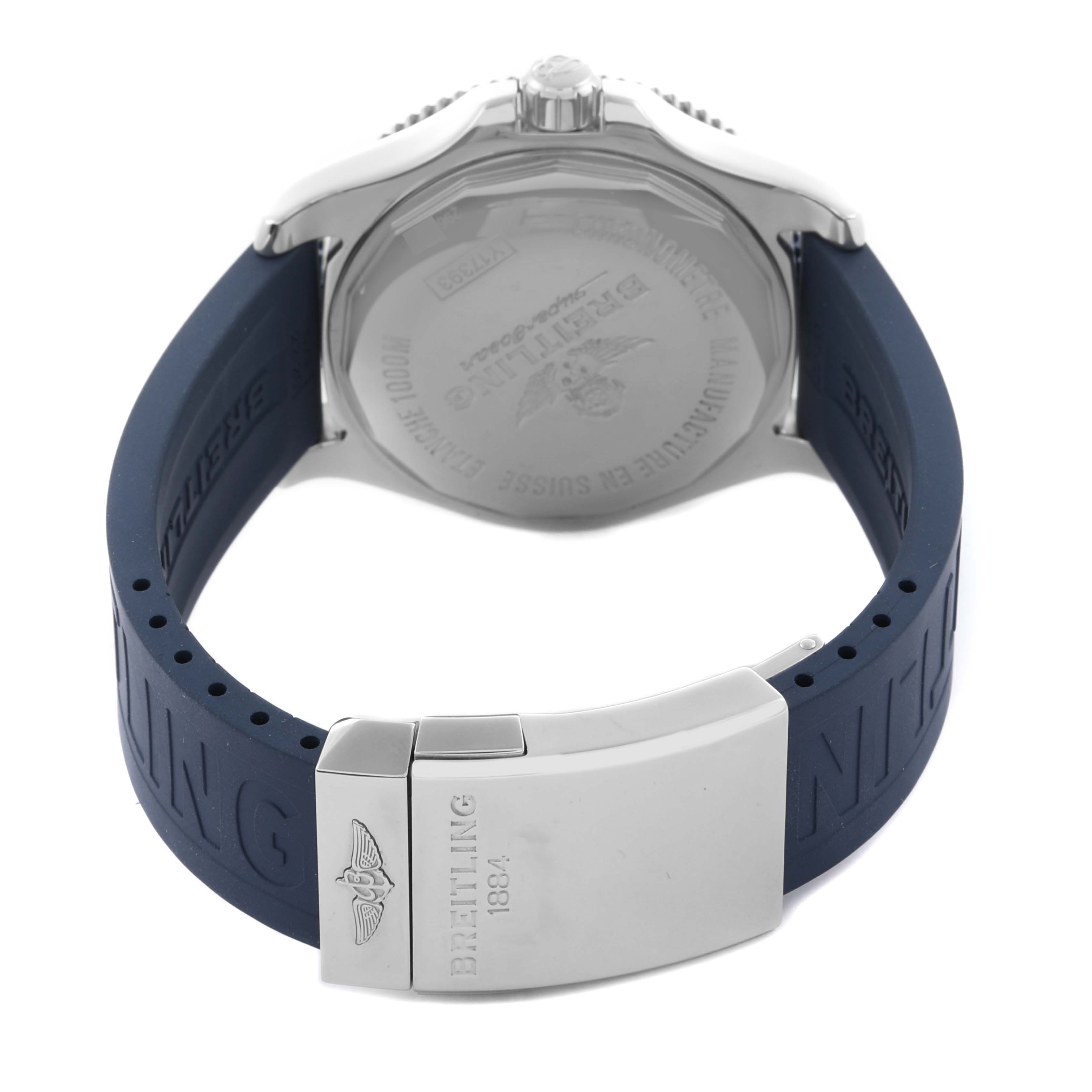 The image shows a rear angle of the Breitling Superocean Y17393 Men's Stainless Steel Blue Dial Y17393 Men's Stainless Steel Blue Dial watch, focusing on the case back and blue rubber strap with a clasp.