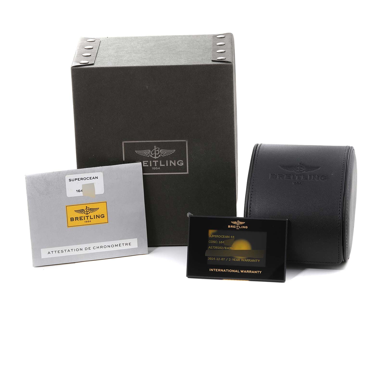 The image shows the box, warranty card, document, and storage case for the Breitling Superocean A17391 Men's Stainless Steel Black Dial A17391 Men's Stainless Steel Black Dial watch, viewed from the front.