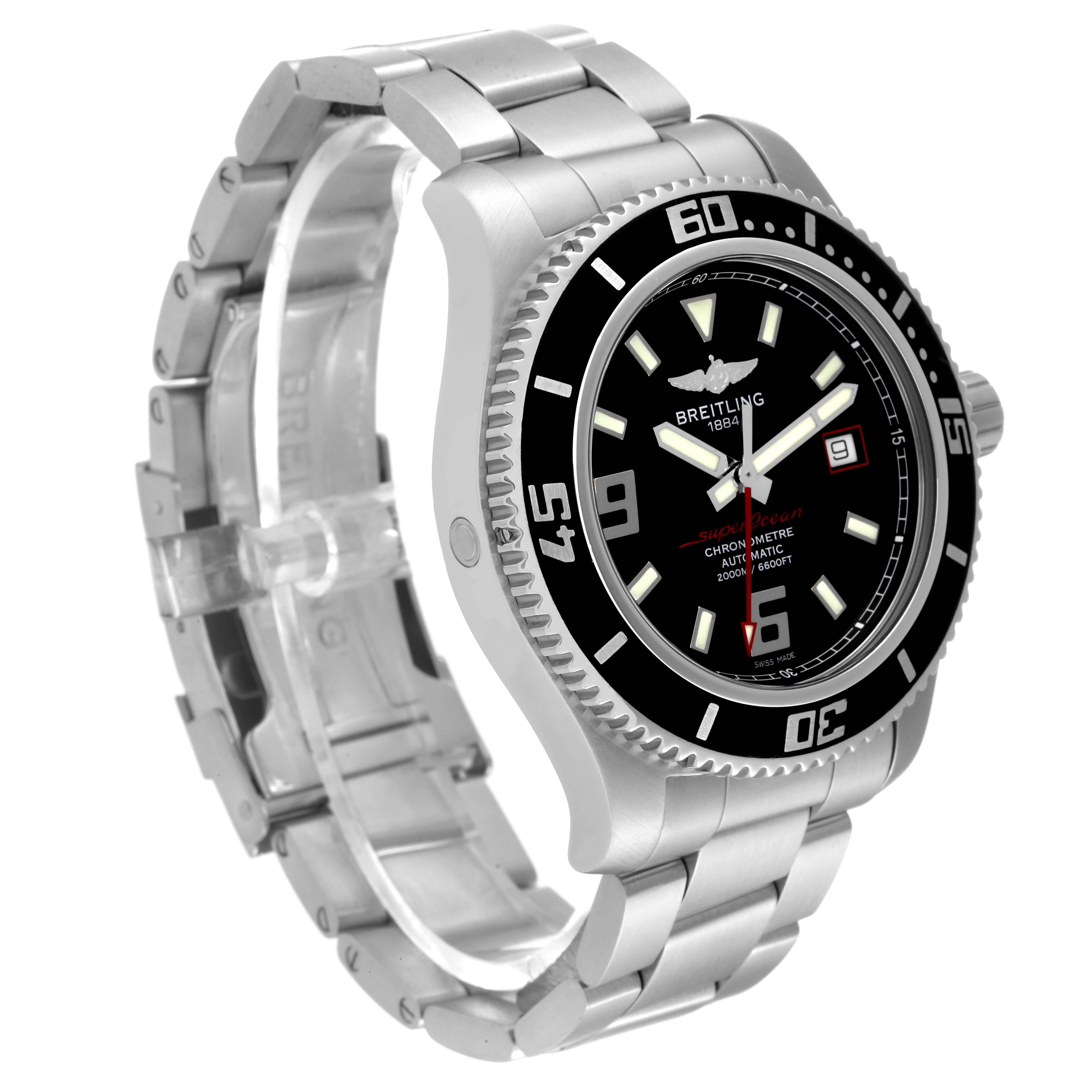 The image shows a Breitling Superocean A17391 Men's Stainless Steel Black Dial A17391 Men's Stainless Steel Black Dial watch at an angle highlighting the face, bezel, and bracelet.