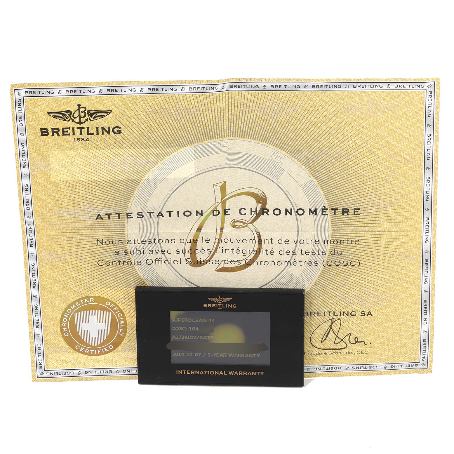 The image displays the warranty card and the certificate of chronometer for the Breitling Superocean A17391 Men's Stainless Steel Black Dial A17391 Men's Stainless Steel Black Dial watch model.