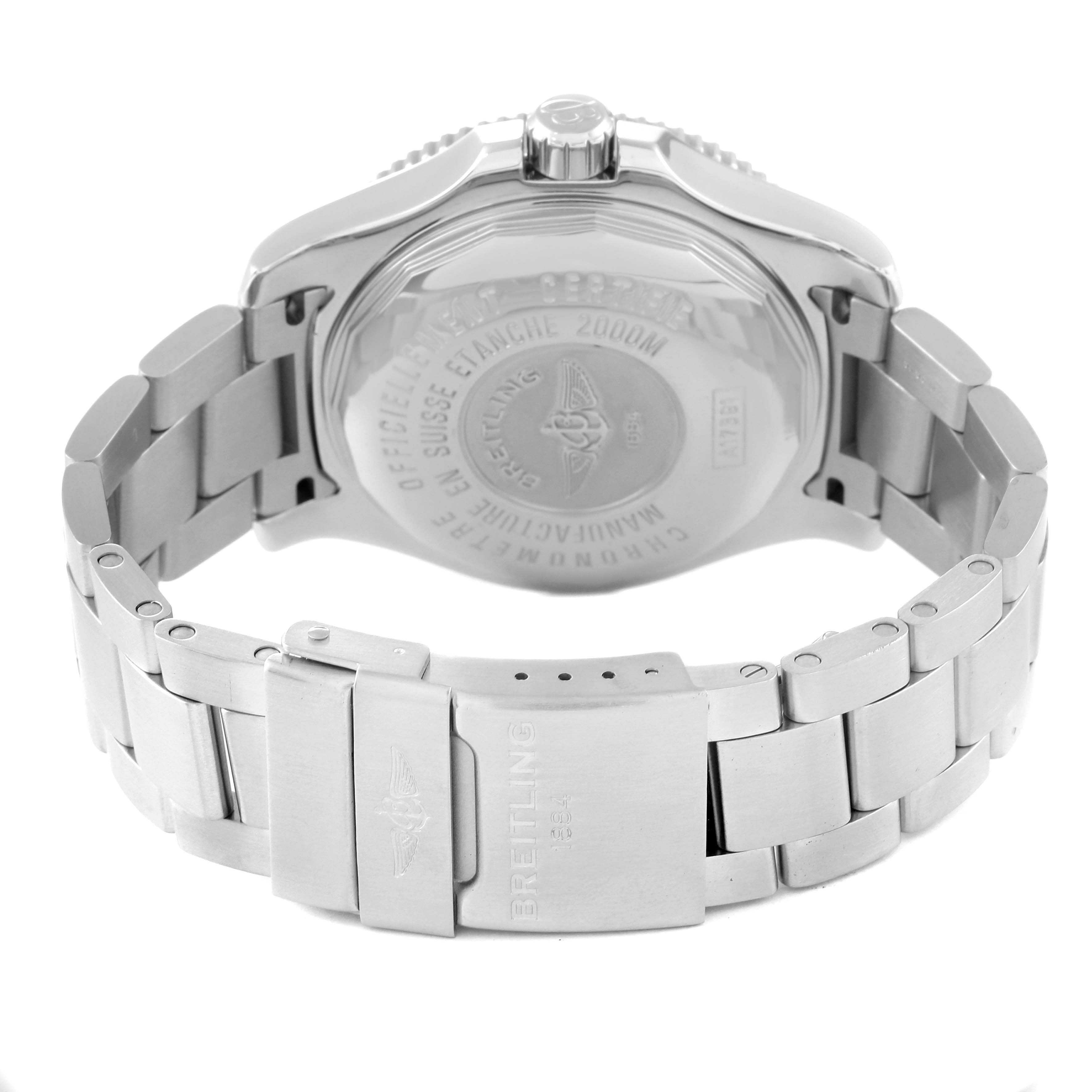 The image shows the back view of a Breitling Superocean A17391 Men's Stainless Steel Black Dial A17391 Men's Stainless Steel Black Dial watch, highlighting its case back, bracelet, and clasp.