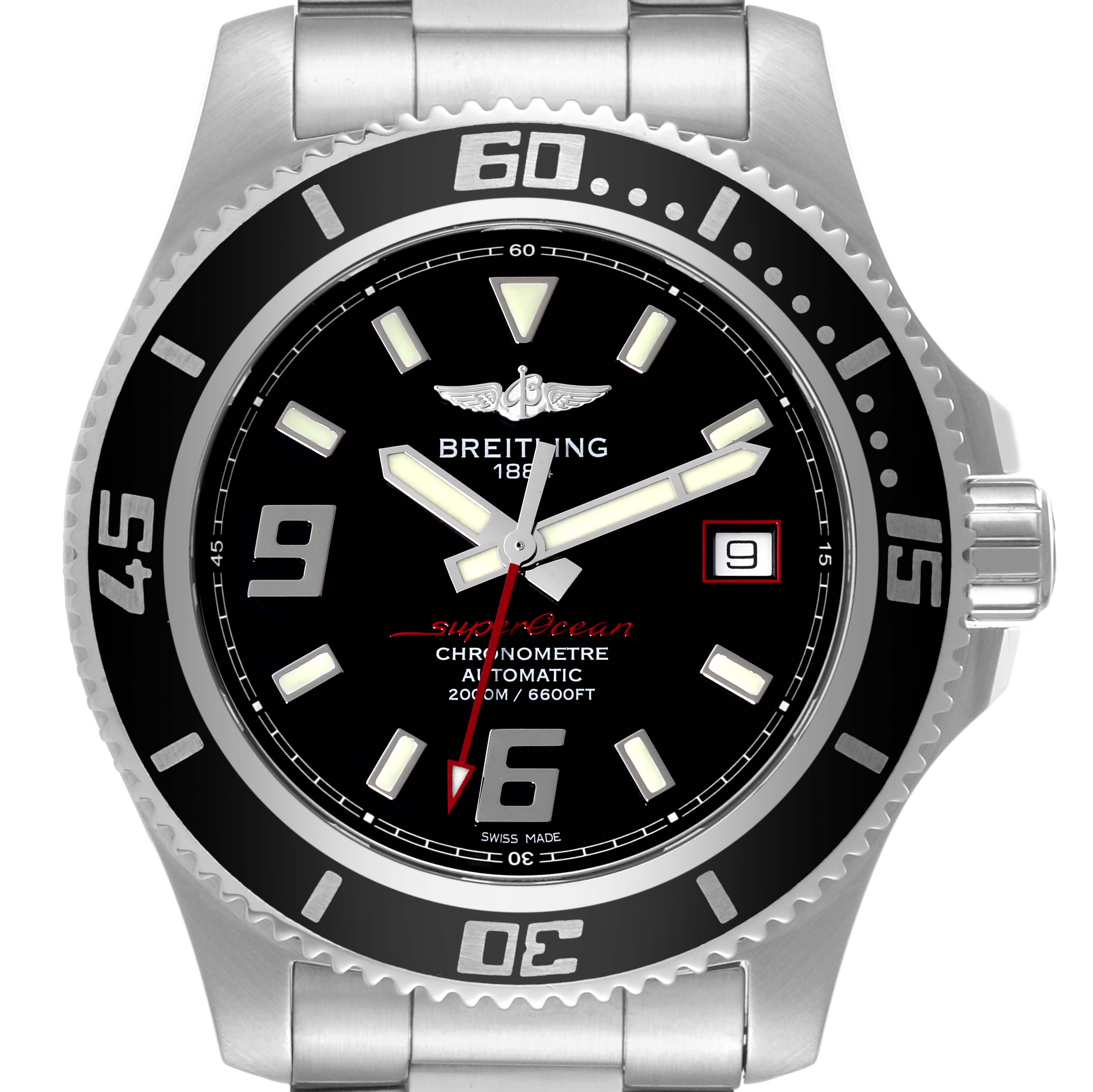 The image shows a frontal view of the Breitling Superocean A17391 Men's Stainless Steel Black Dial A17391 Men's Stainless Steel Black Dial watch, highlighting its bezel, dial, hands, markers, and date window.