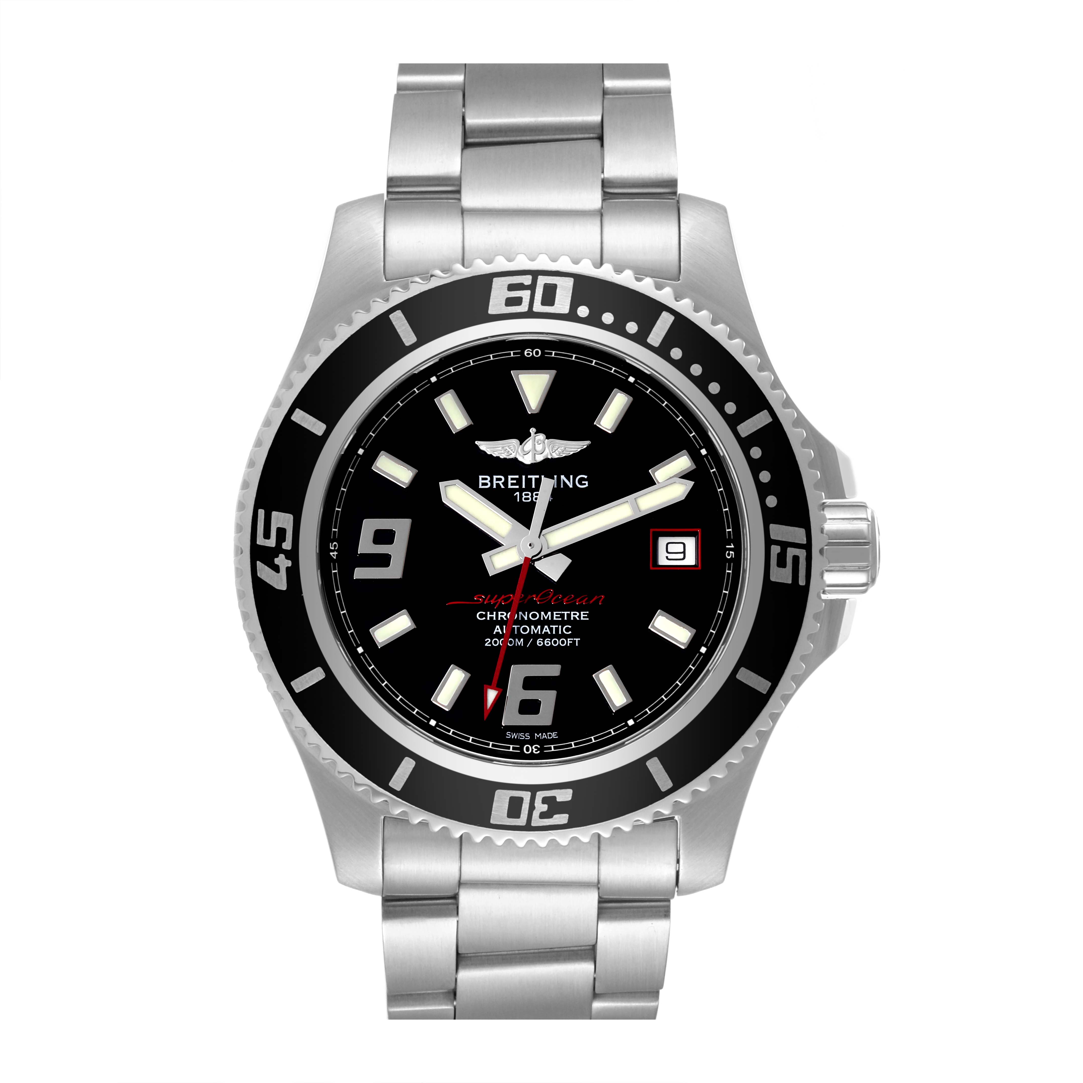 The image shows a front view of the Breitling Superocean A17391 Men's Stainless Steel Black Dial A17391 Men's Stainless Steel Black Dial watch, displaying its dial, bezel, hands, date window, and metal bracelet.