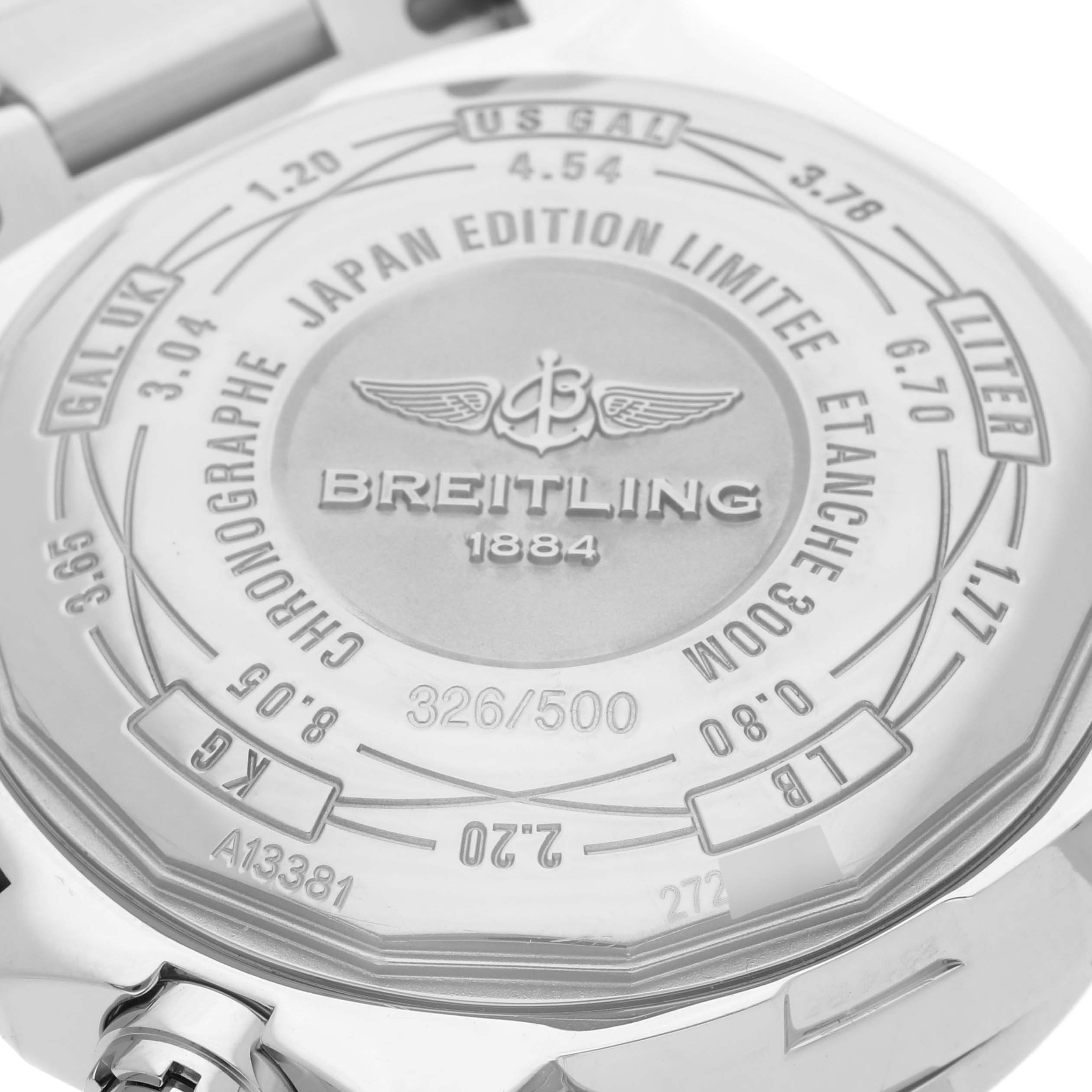 The image shows the back case of a Breitling Avenger A13381 Men's Stainless Steel White Dial A13381 Men's Stainless Steel White Dial, highlighting "Japan Edition Limitee" and other specifications.