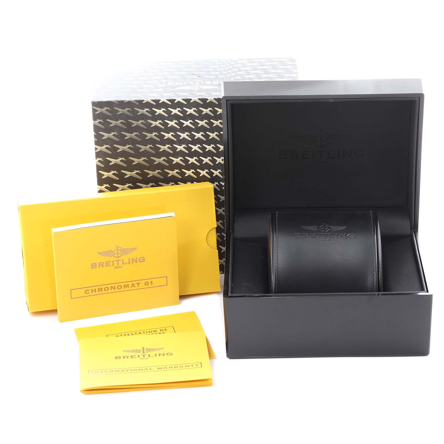 The image shows the Breitling Avenger A13381 Men's Stainless Steel White Dial A13381 Men's Stainless Steel White Dial watch box, a leather case, and related documents from a front angle.