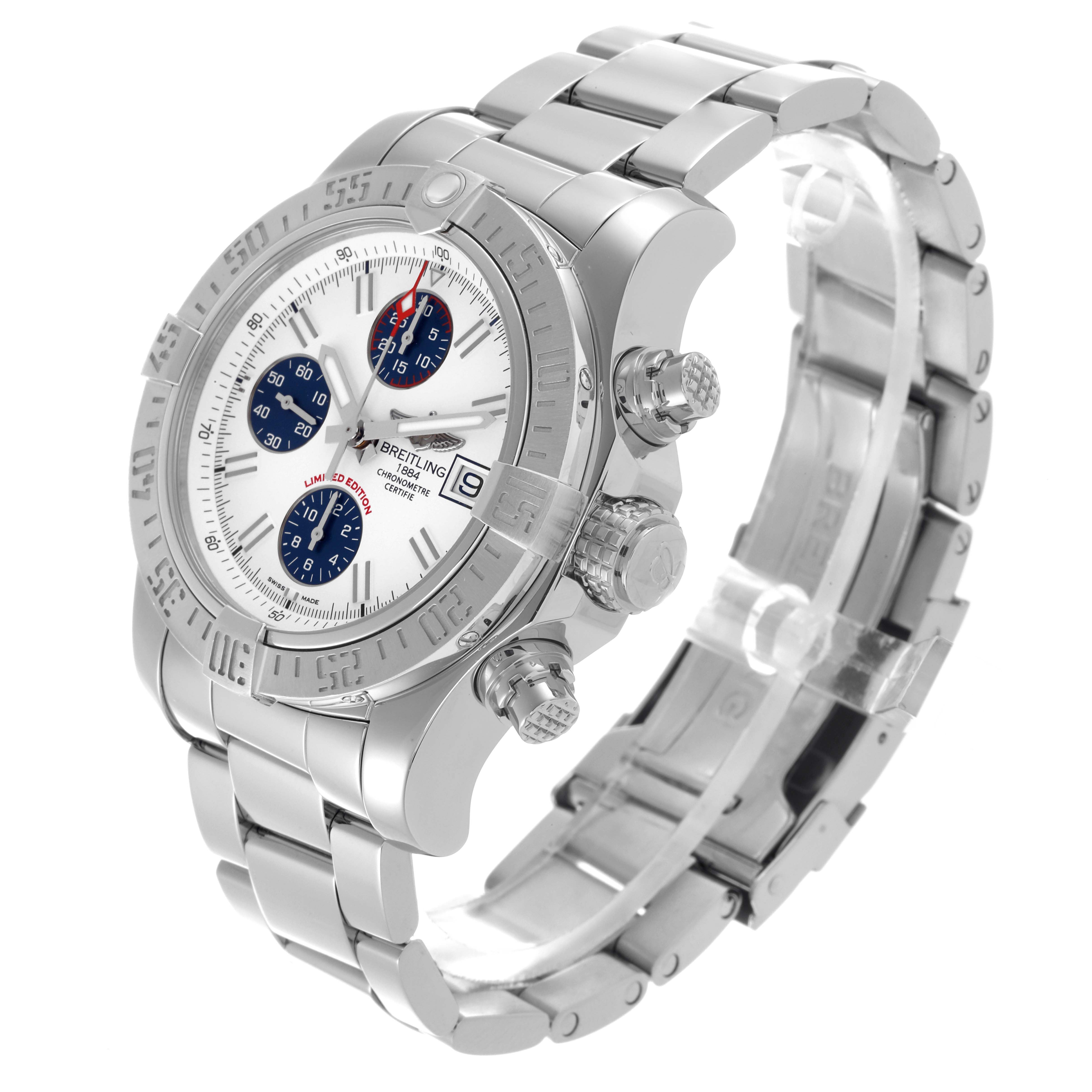 The Breitling Avenger A13381 Men's Stainless Steel White Dial A13381 Men's Stainless Steel White Dial watch is shown at a slight angle, featuring the case, crown, bezel, and bracelet.