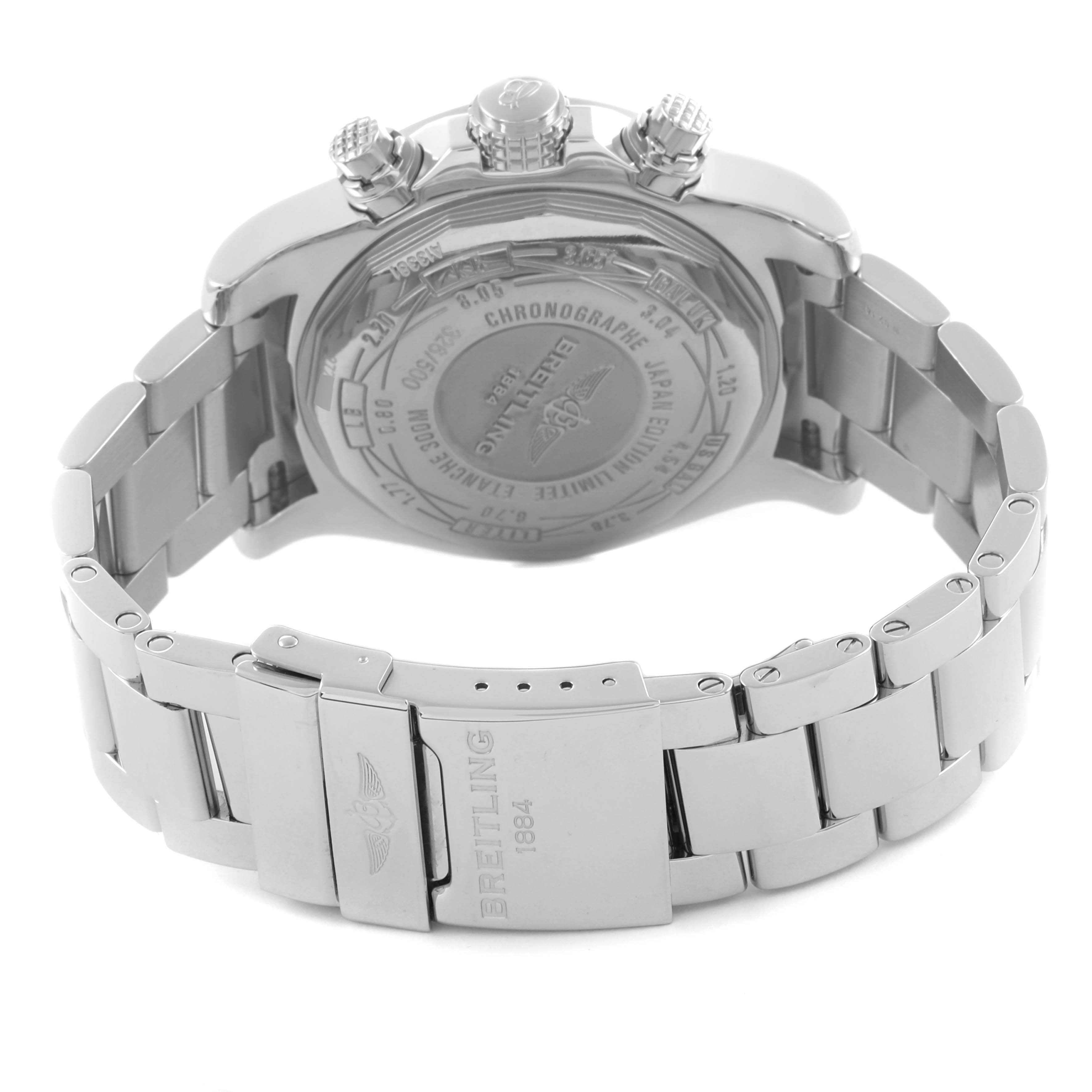The image shows the back case and bracelet of the Breitling Avenger A13381 Men's Stainless Steel White Dial A13381 Men's Stainless Steel White Dial, highlighting the clasp and rear details.