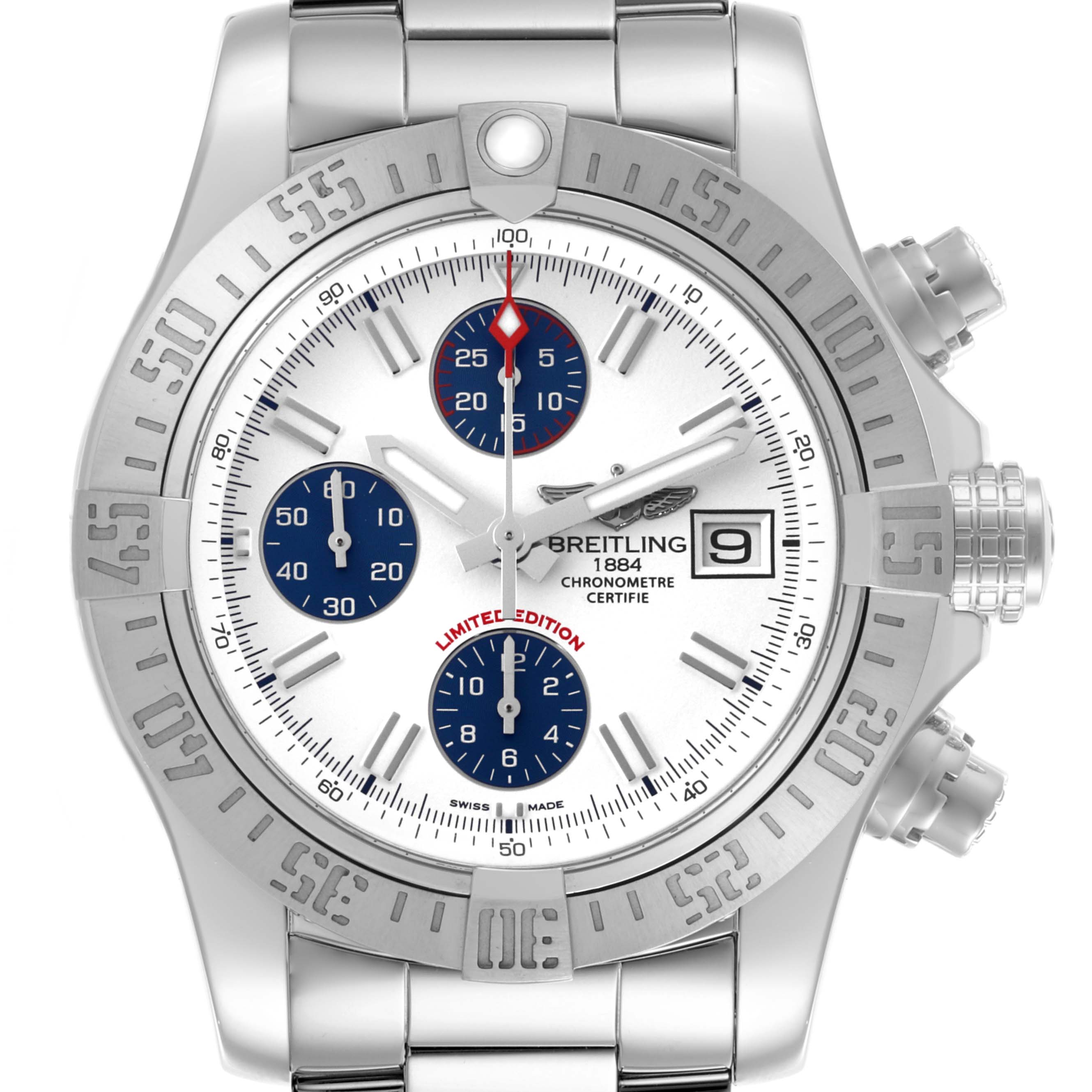 The Breitling Avenger A13381 Men's Stainless Steel White Dial A13381 Men's Stainless Steel White Dial watch is shown from a front angle, highlighting the dial, bezel, and bracelet.