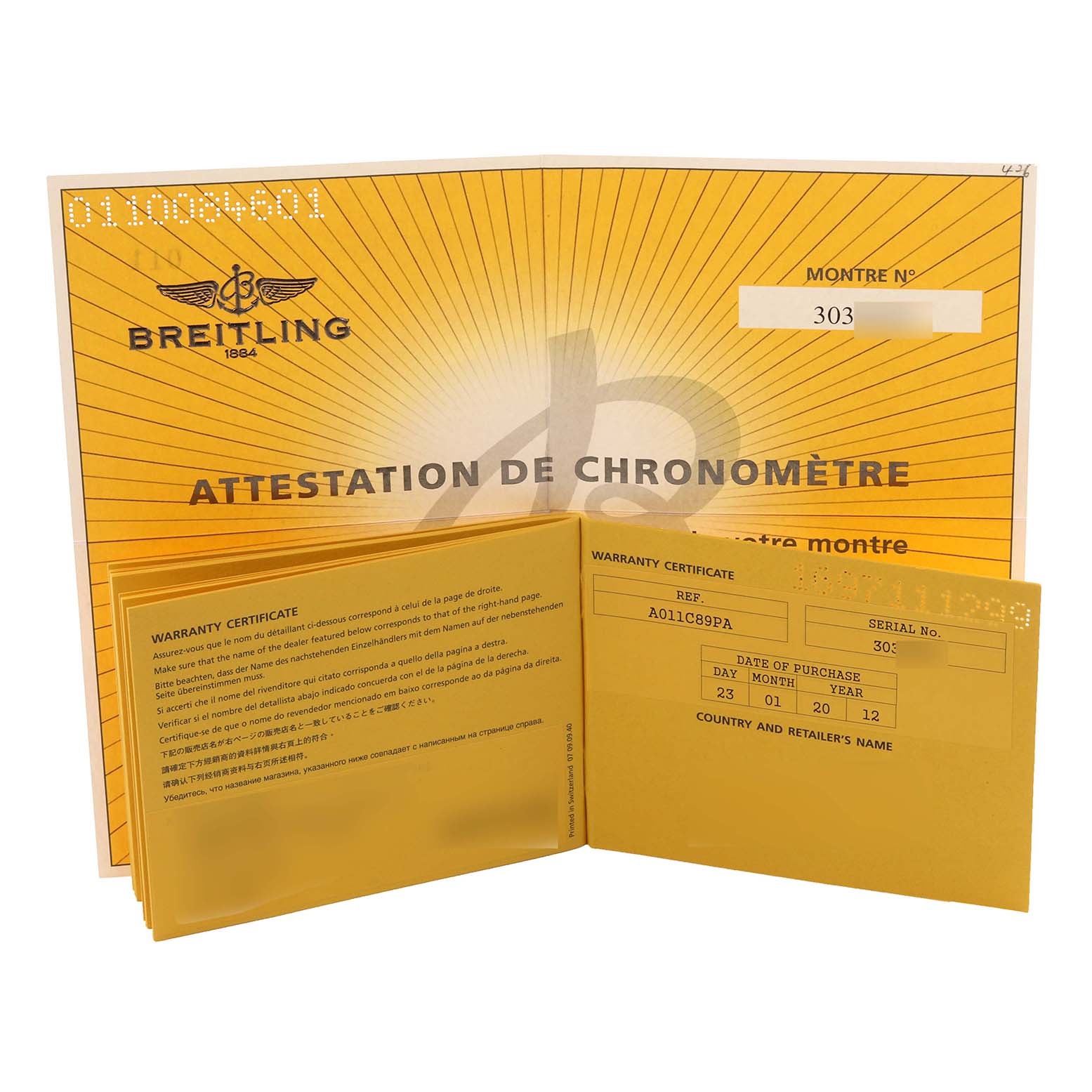 The image shows warranty and chronometer certification documents for a Breitling Avenger A13381 Men's Stainless Steel White Dial A13381 Men's Stainless Steel White Dial watch.