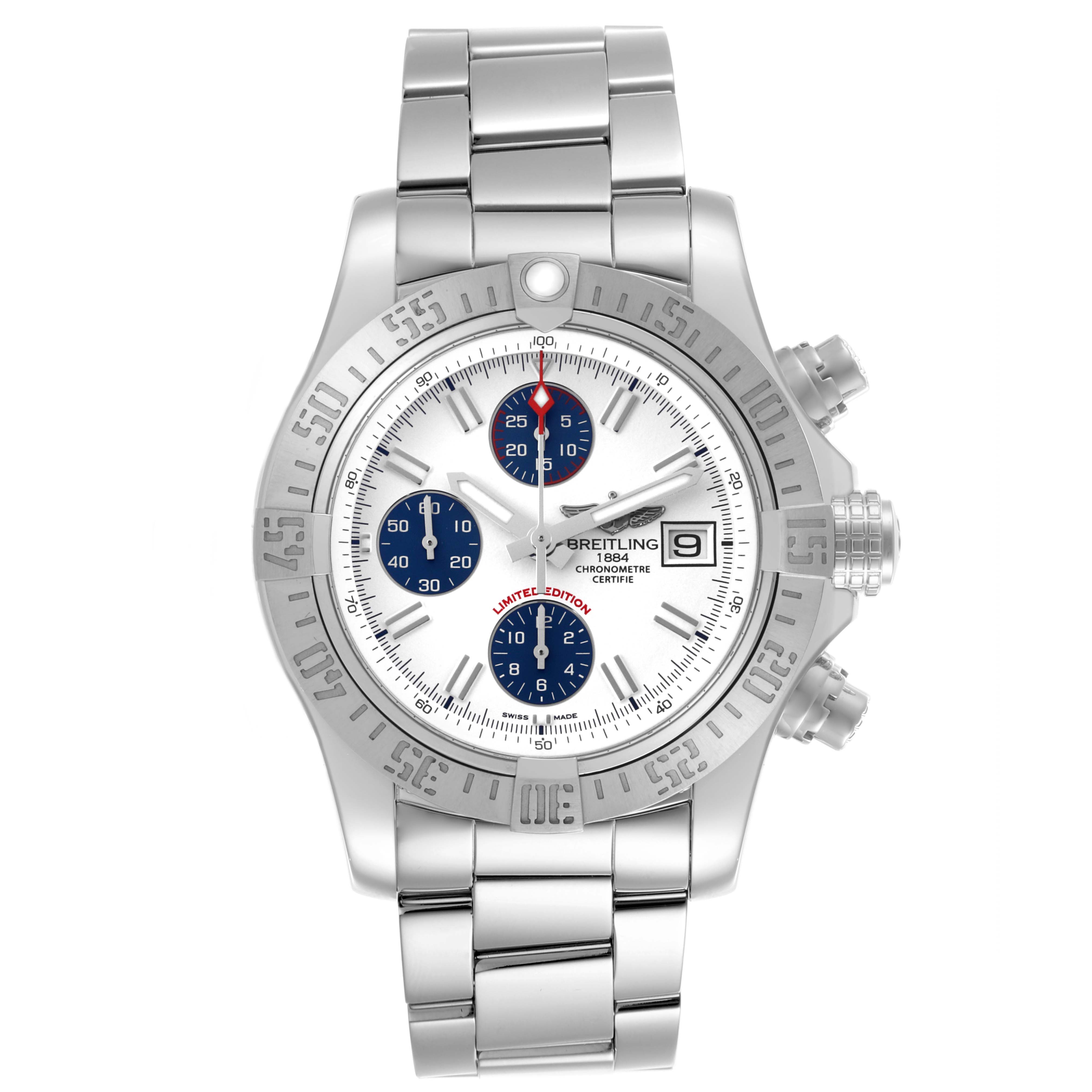 The Breitling Avenger A13381 Men's Stainless Steel White Dial A13381 Men's Stainless Steel White Dial watch is shown from a front angle, displaying the face, bezel, and bracelet.