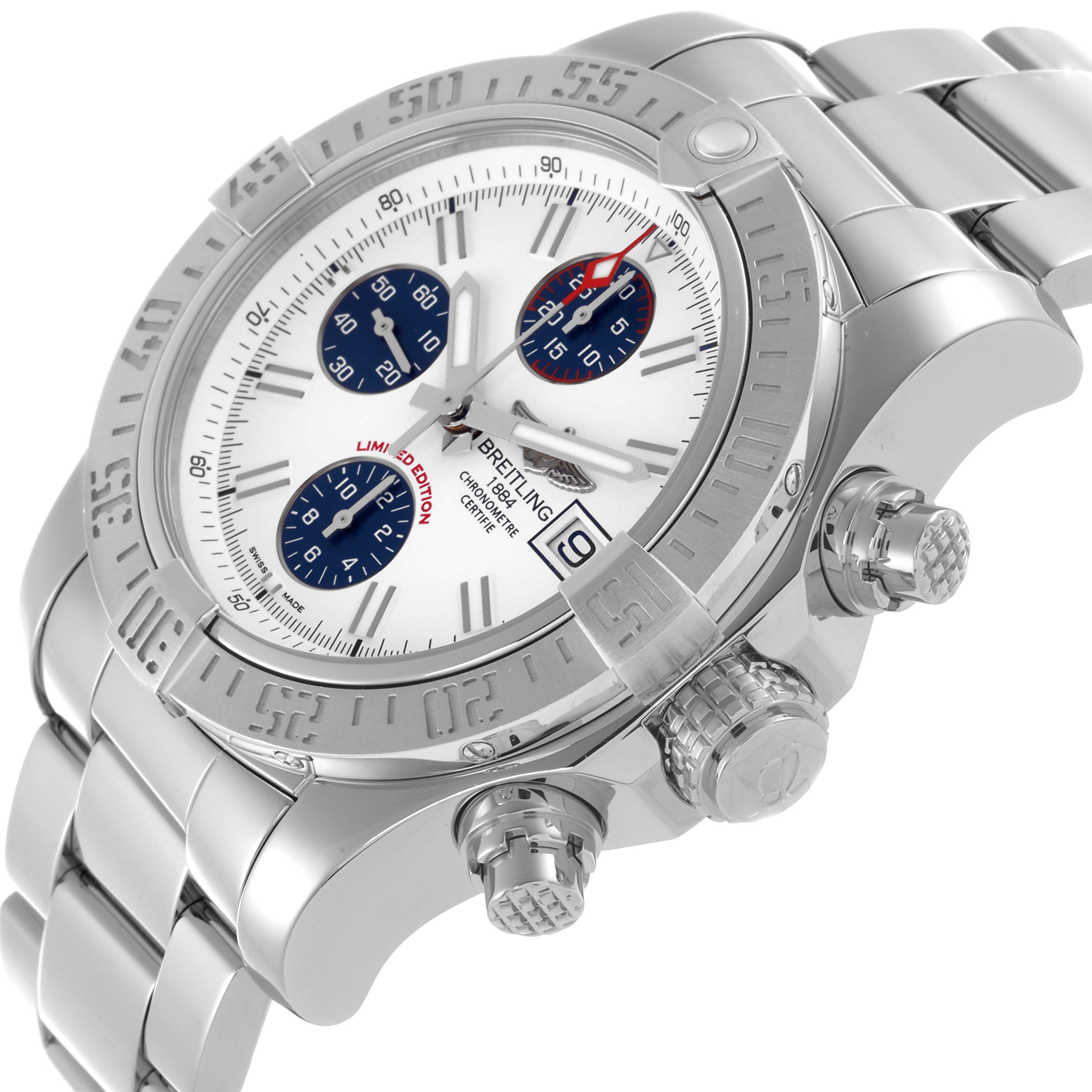 The Breitling Avenger A13381 Men's Stainless Steel White Dial A13381 Men's Stainless Steel White Dial watch is shown at an angled view, highlighting the bezel, chronograph dials, and side pushers.