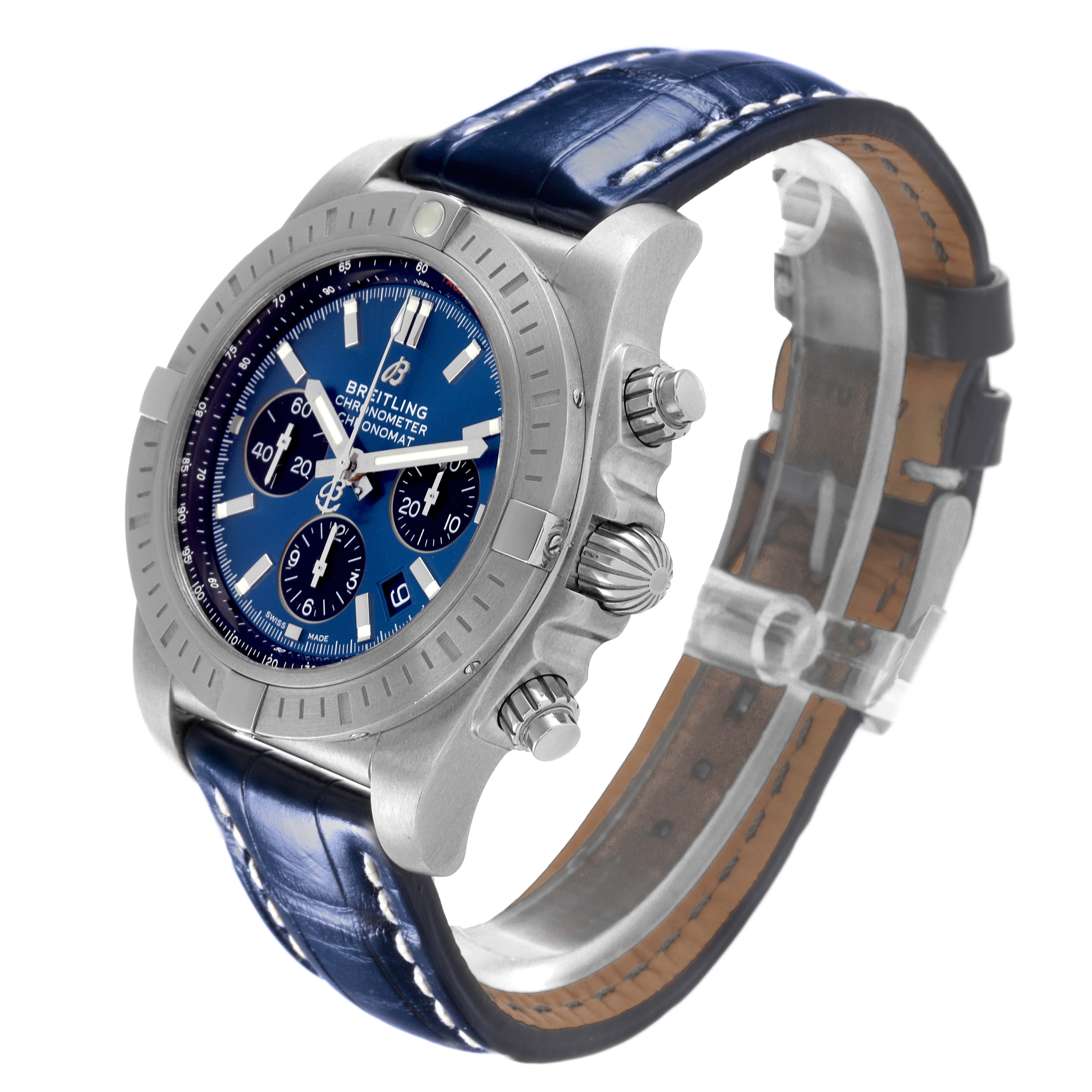 The Breitling Chronomat AB0115 Men's Stainless Steel Blue Dial AB0115 Men's Stainless Steel Blue Dial watch is shown at a three-quarter angle, highlighting the blue dial, bezel, chronograph buttons, and leather strap.