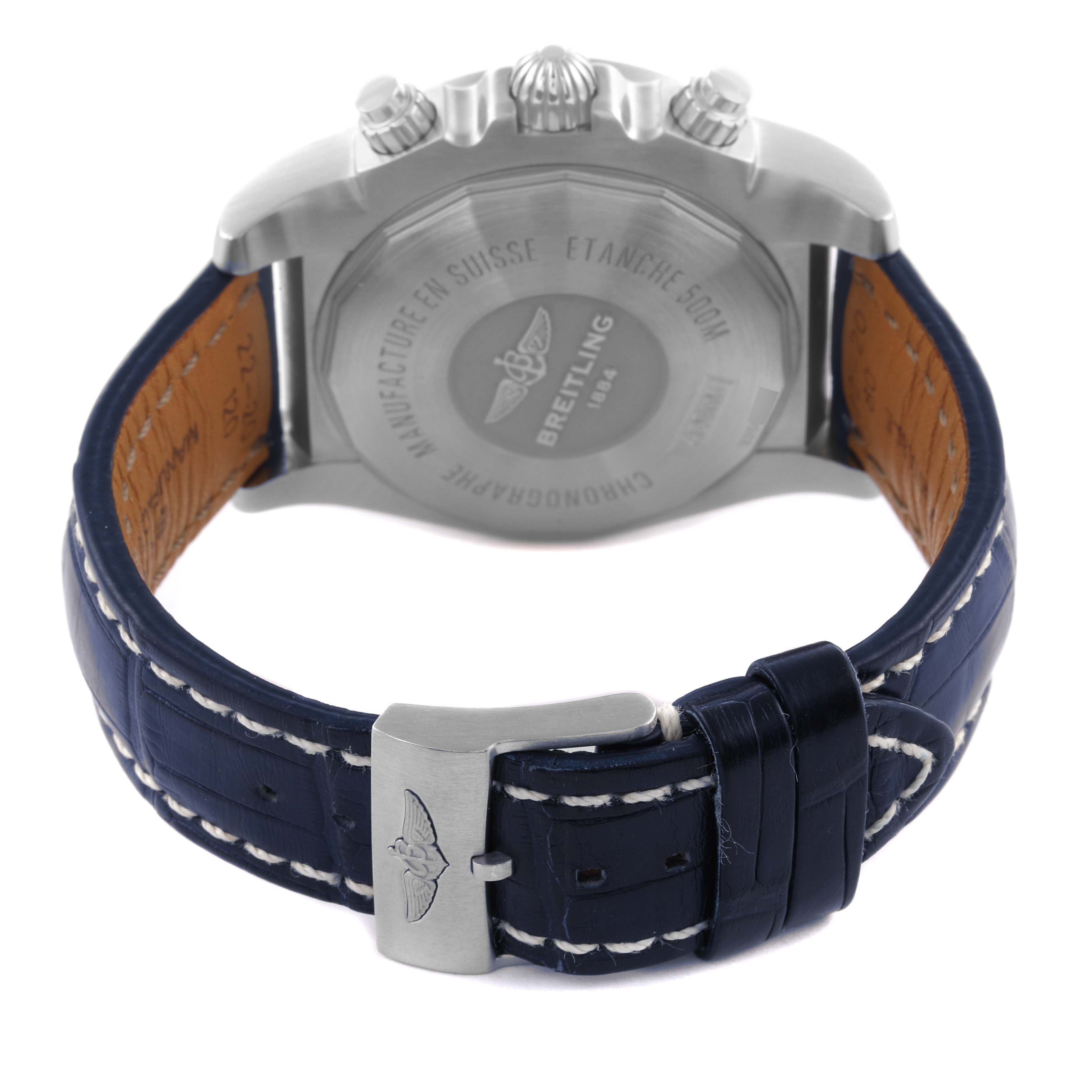 The image shows the back case and buckle of the Breitling Chronomat AB0115 Men's Stainless Steel Blue Dial AB0115 Men's Stainless Steel Blue Dial watch, highlighting its strap and clasp details.