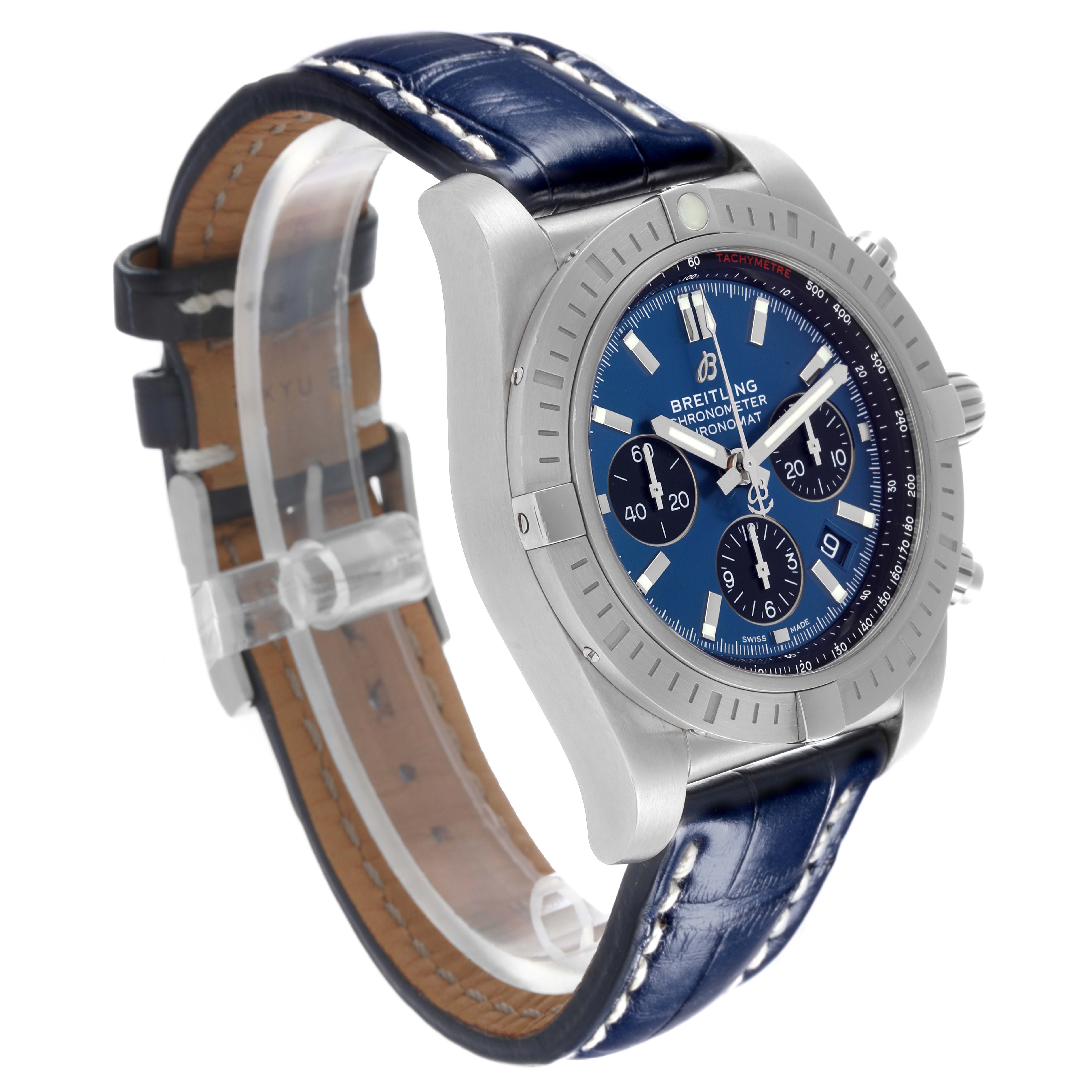The Breitling Chronomat AB0115 Men's Stainless Steel Blue Dial AB0115 Men's Stainless Steel Blue Dial watch is shown at a three-quarter angle, highlighting the dial, bezel, case, and leather strap.