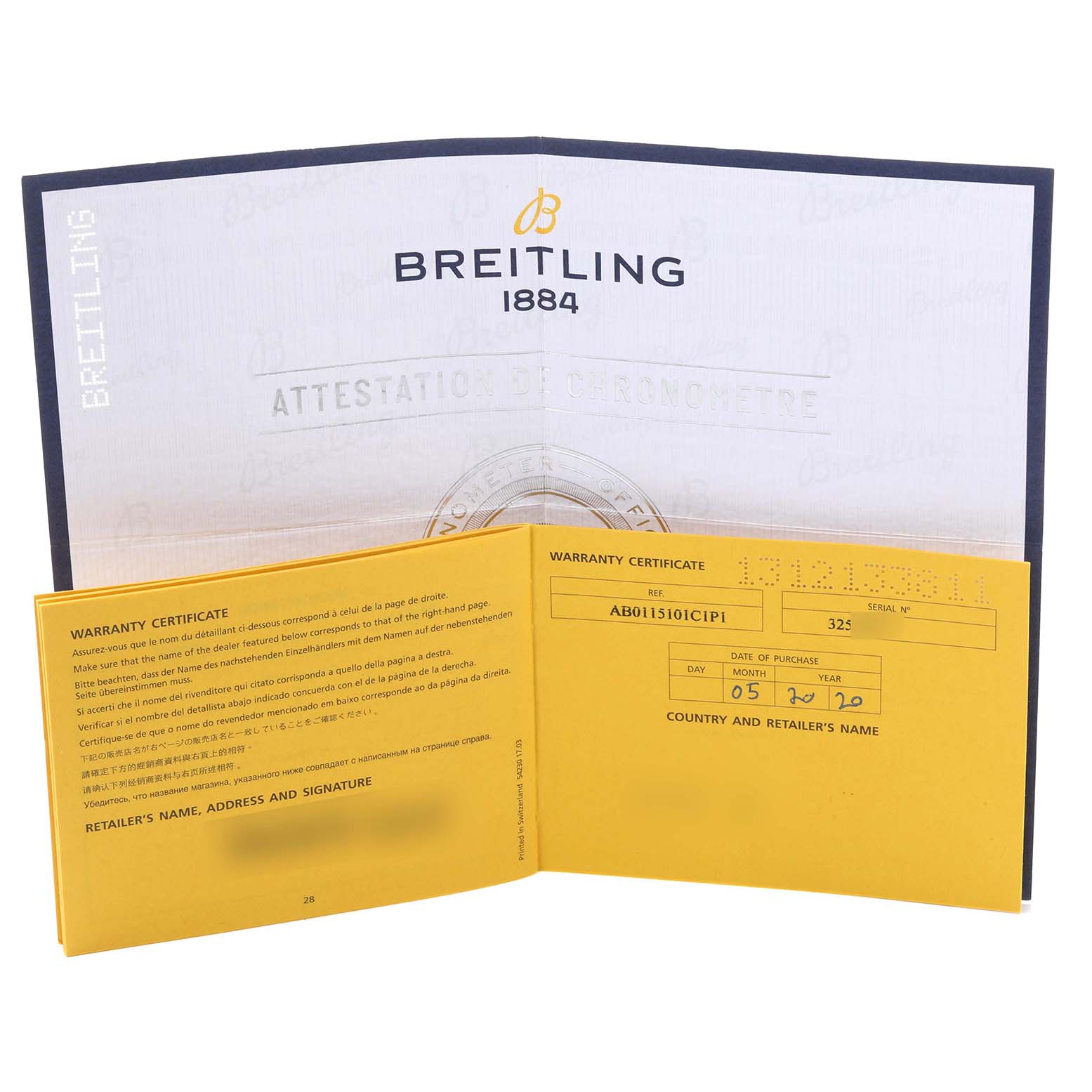 The image shows a Breitling Chronomat AB0115 Men's Stainless Steel Blue Dial AB0115 Men's Stainless Steel Blue Dial warranty certificate and documentation, presented flat and partially opened.