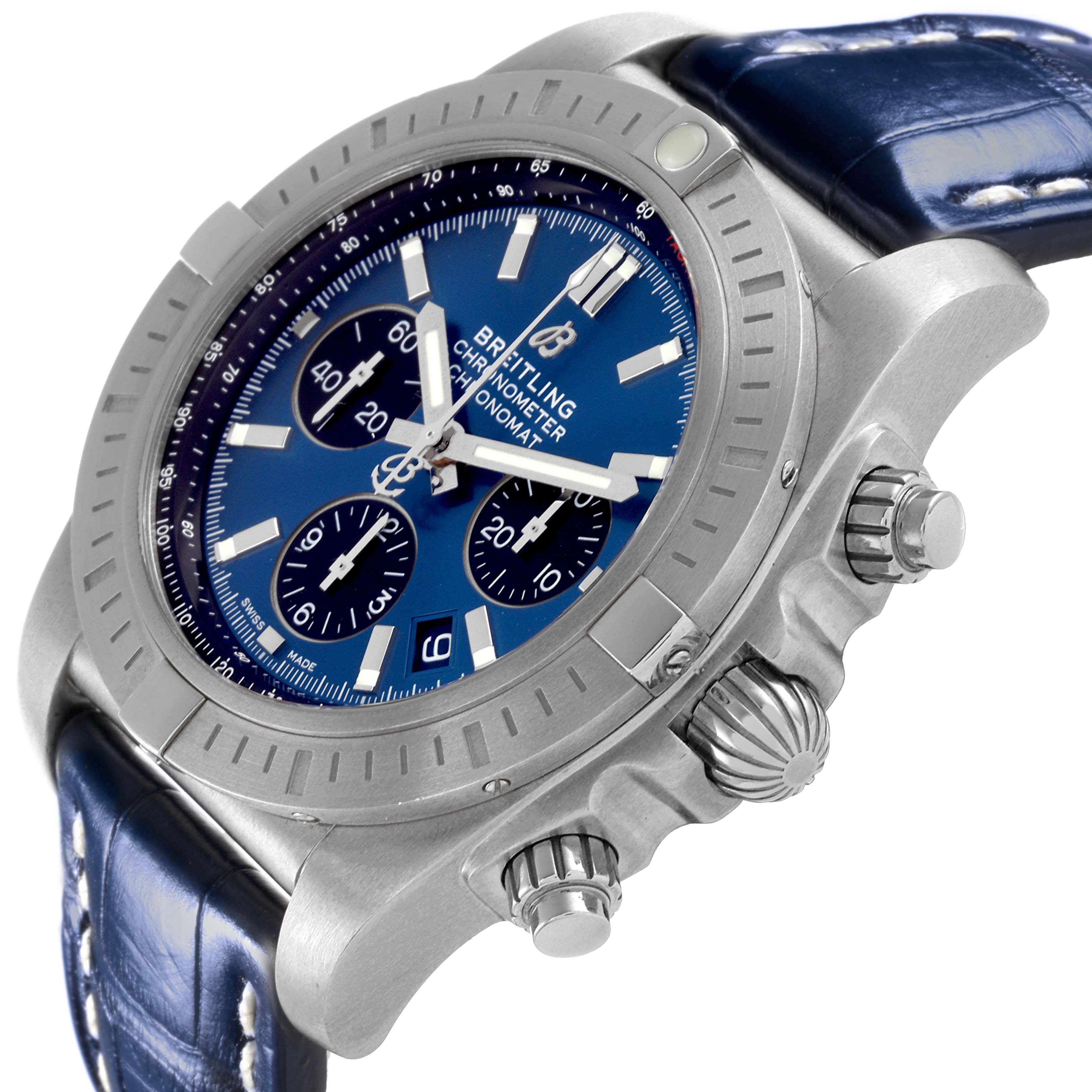 The Breitling Chronomat AB0115 Men's Stainless Steel Blue Dial AB0115 Men's Stainless Steel Blue Dial watch is shown at an angled side view, displaying the dial, bezel, crown, and pushers.