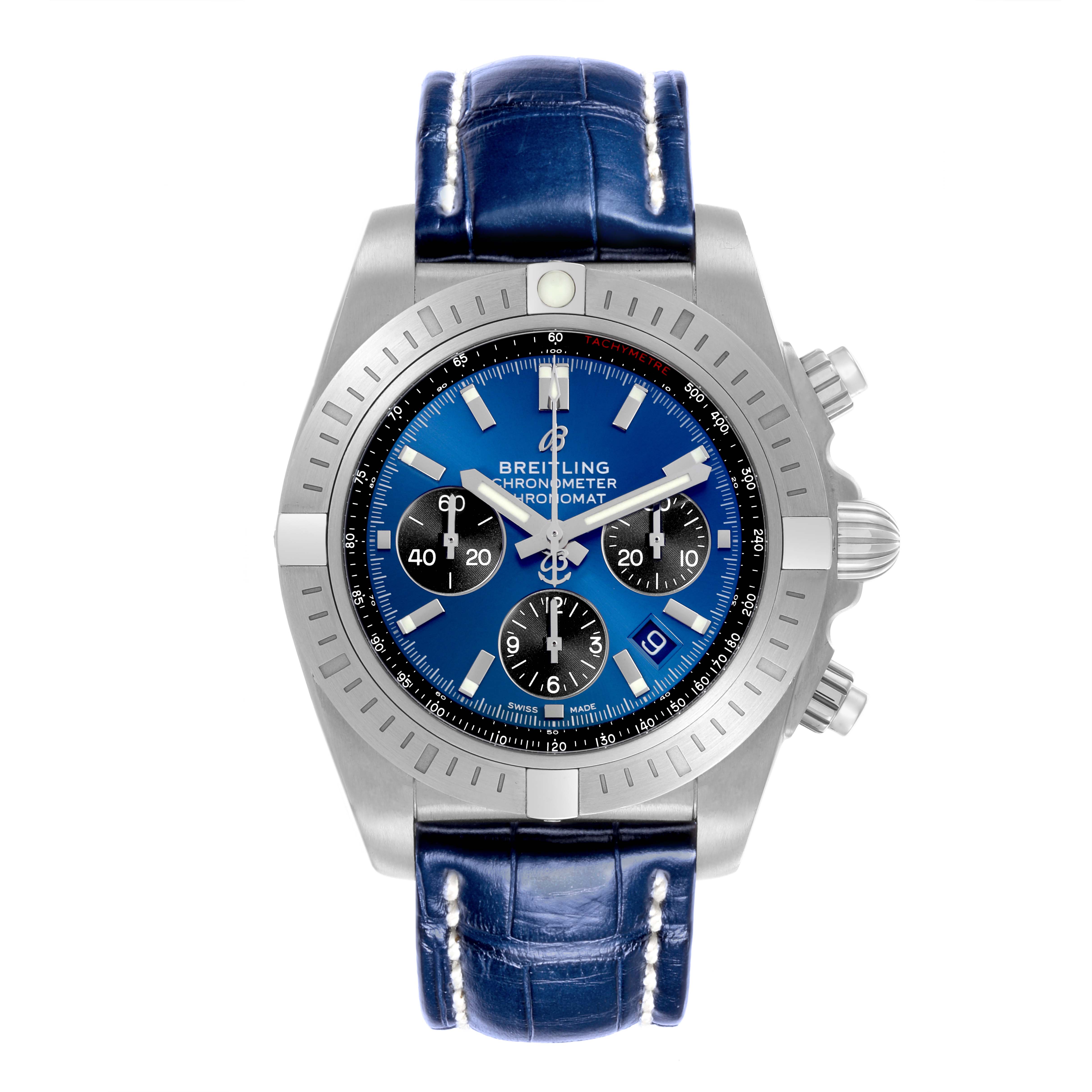 The Breitling Chronomat AB0115 Men's Stainless Steel Blue Dial AB0115 Men's Stainless Steel Blue Dial is shown from a front angle, highlighting its blue dial, bezel, and blue leather strap.