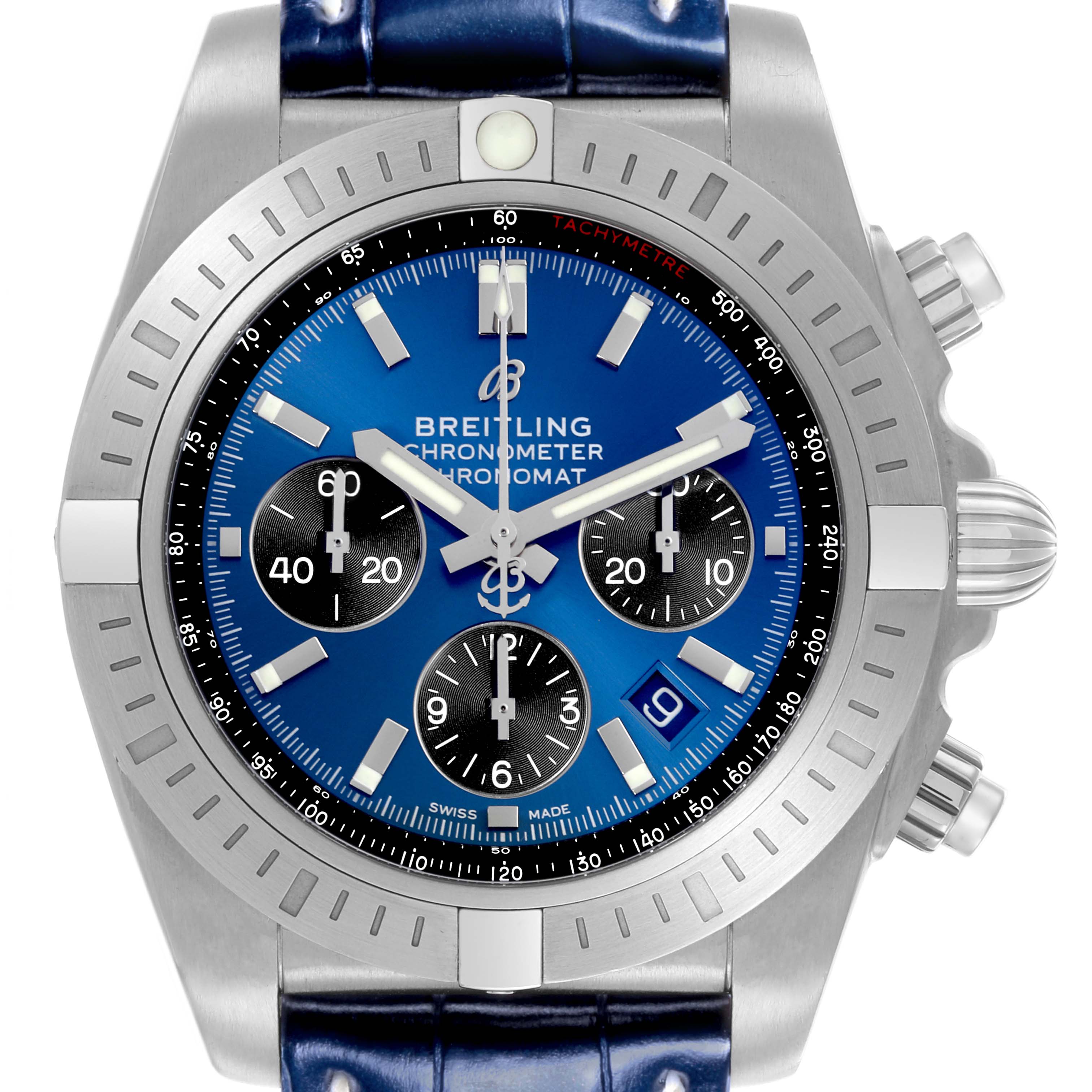 The Breitling Chronomat AB0115 Men's Stainless Steel Blue Dial AB0115 Men's Stainless Steel Blue Dial watch is shown from a front angle, highlighting the face, bezel, and pushers.