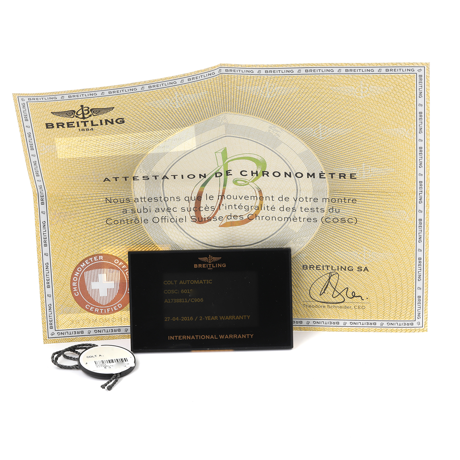 The image shows Breitling Colt A17388 Men's Stainless Steel Blue Dial A17388 Men's Stainless Steel Blue Dial model documentation, including a warranty card and COSC certificate.