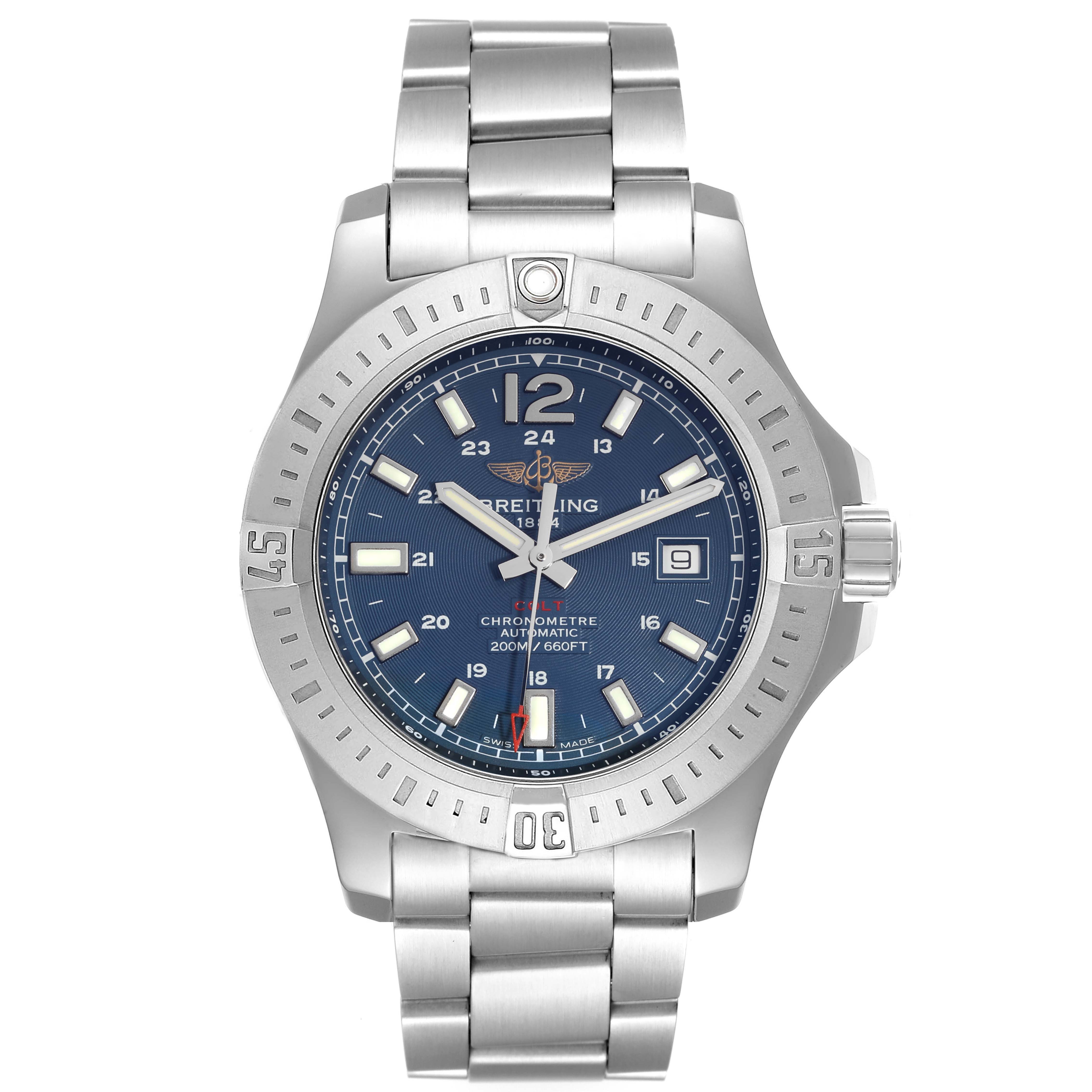 The Breitling Colt A17388 Men's Stainless Steel Blue Dial A17388 Men's Stainless Steel Blue Dial watch is shown from a top-down angle, highlighting the face, bezel, and bracelet.