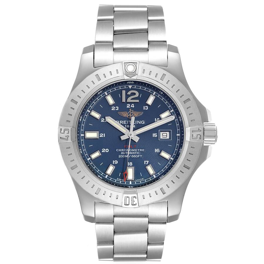 The Breitling Colt watch is shown from a top-down angle, highlighting the face, bezel, and bracelet.