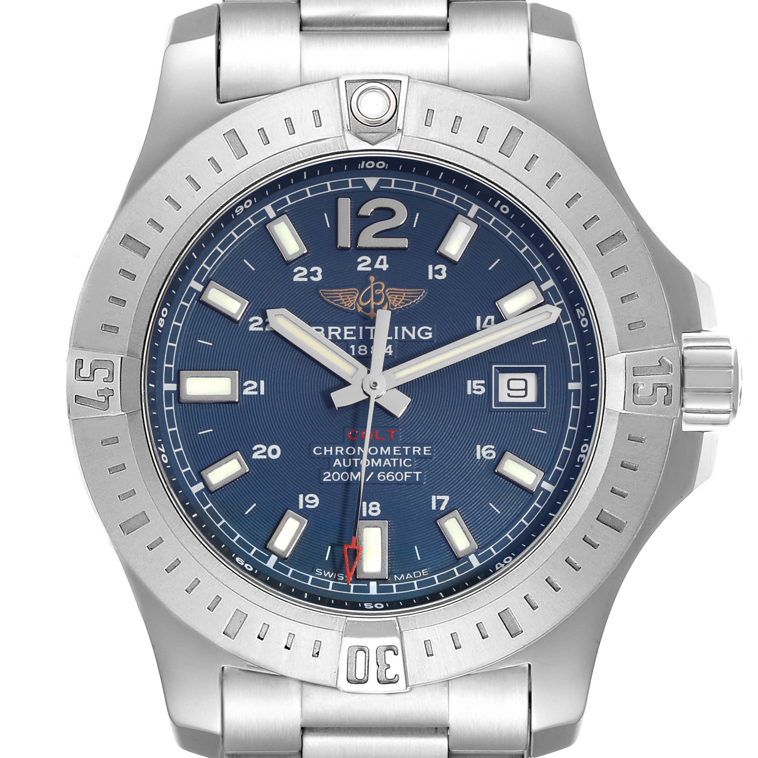 The Breitling Colt A17388 Men's Stainless Steel Blue Dial A17388 Men's Stainless Steel Blue Dial watch is shown from the front, displaying its blue dial, bezel, and part of the stainless steel bracelet.