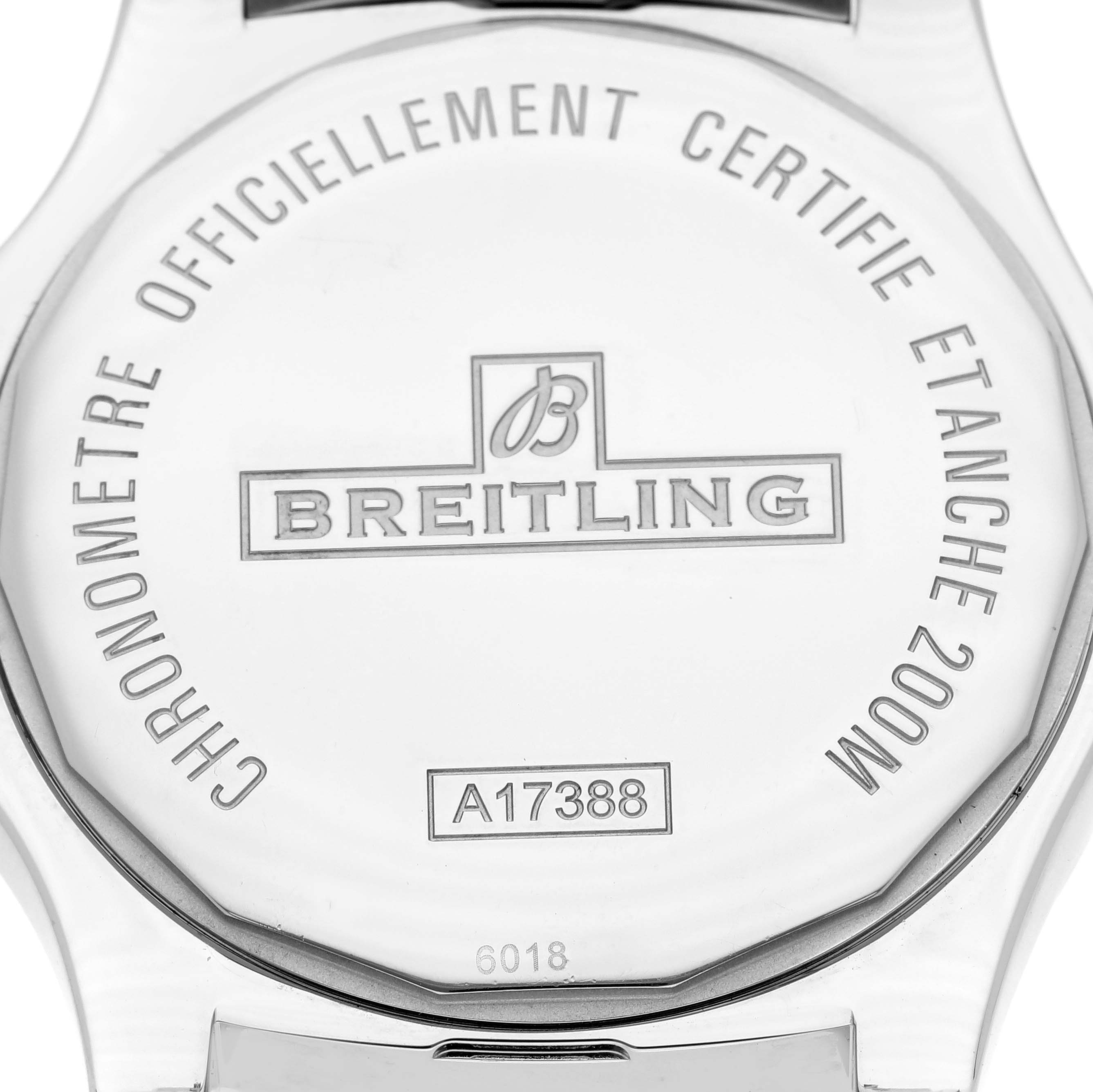 The image shows the back case of the Breitling Colt A17388 Men's Stainless Steel Blue Dial A17388 Men's Stainless Steel Blue Dial watch, displaying branding and model information.
