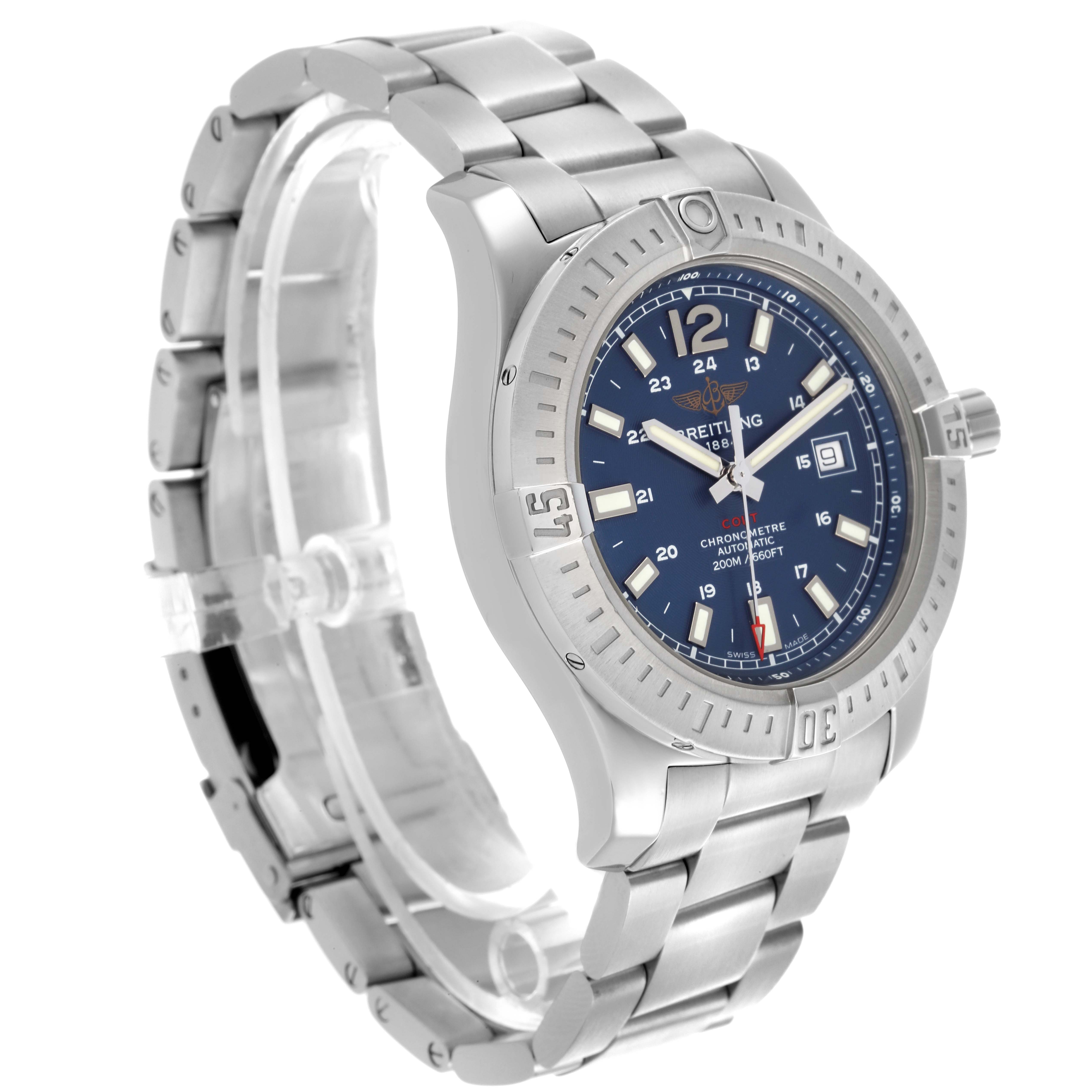The Breitling Colt A17388 Men's Stainless Steel Blue Dial A17388 Men's Stainless Steel Blue Dial watch is shown from a side angle, displaying its face, bezel, and bracelet.
