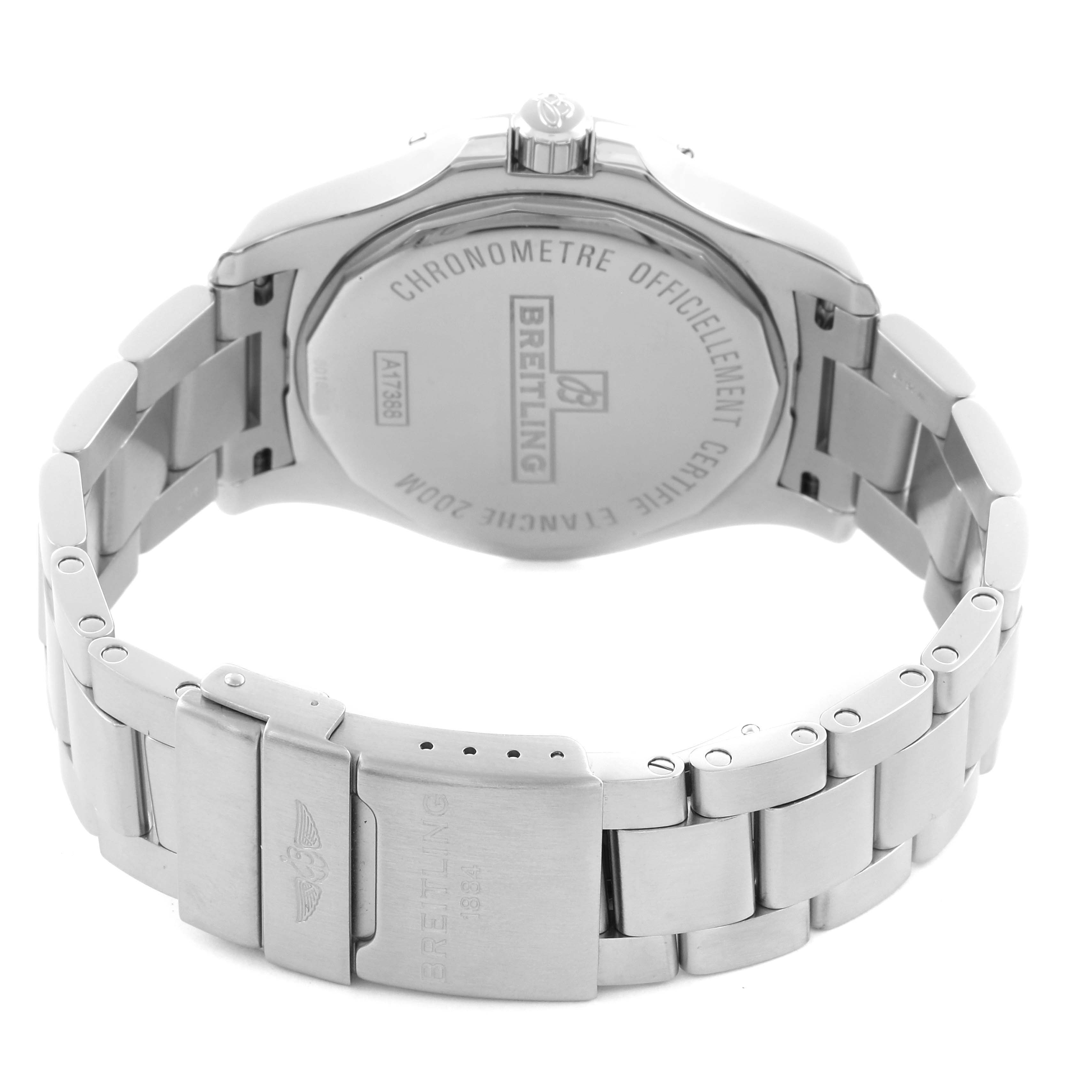 The image shows the back and bracelet of the Breitling Colt A17388 Men's Stainless Steel Blue Dial A17388 Men's Stainless Steel Blue Dial watch, highlighting the clasp and case back.