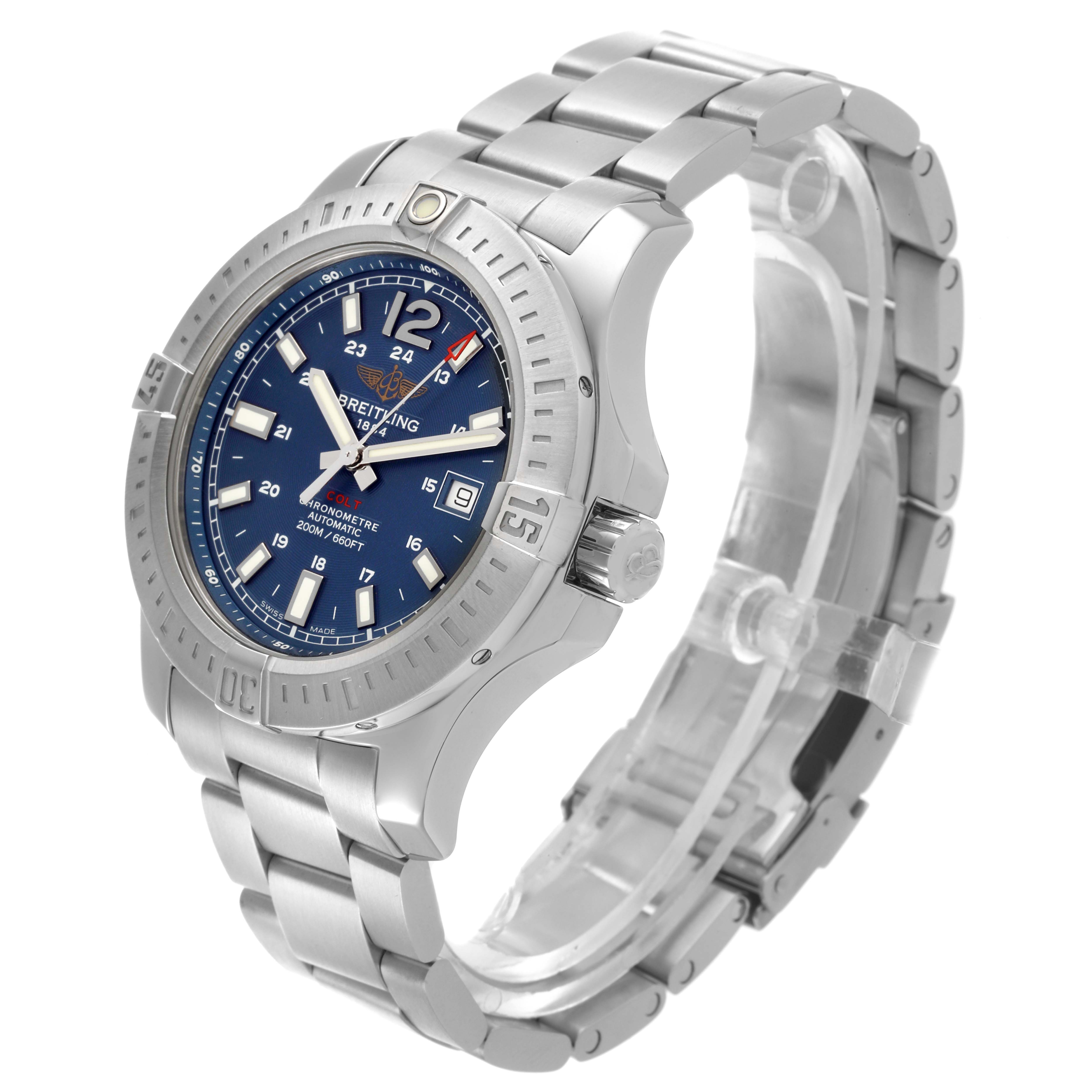 The image shows a side angle of the Breitling Colt A17388 Men's Stainless Steel Blue Dial A17388 Men's Stainless Steel Blue Dial watch, highlighting its face, bezel, crown, and metal bracelet.