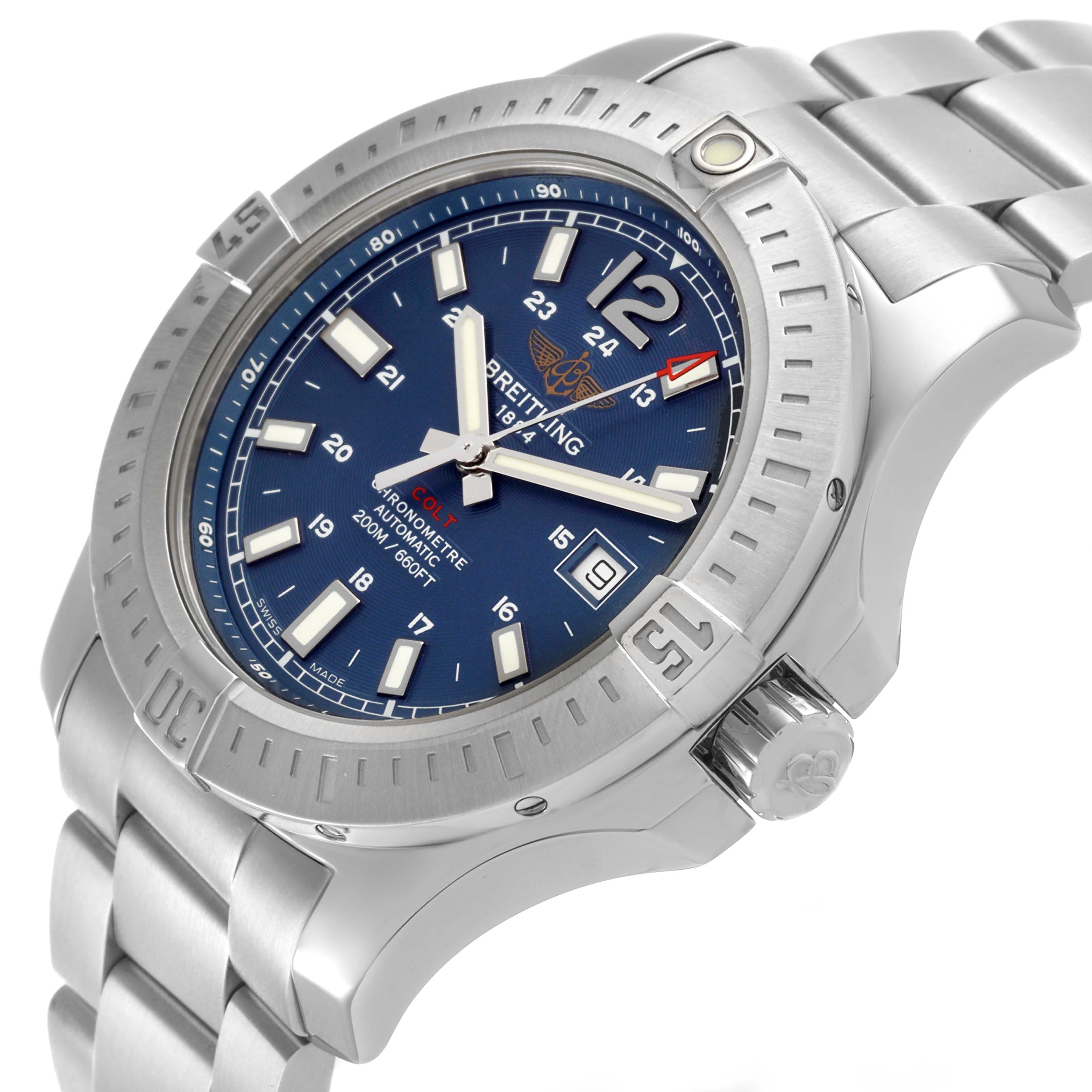 The Breitling Colt A17388 Men's Stainless Steel Blue Dial A17388 Men's Stainless Steel Blue Dial watch is shown from a side angle, displaying the dial, bezel, crown, and part of the metal bracelet.
