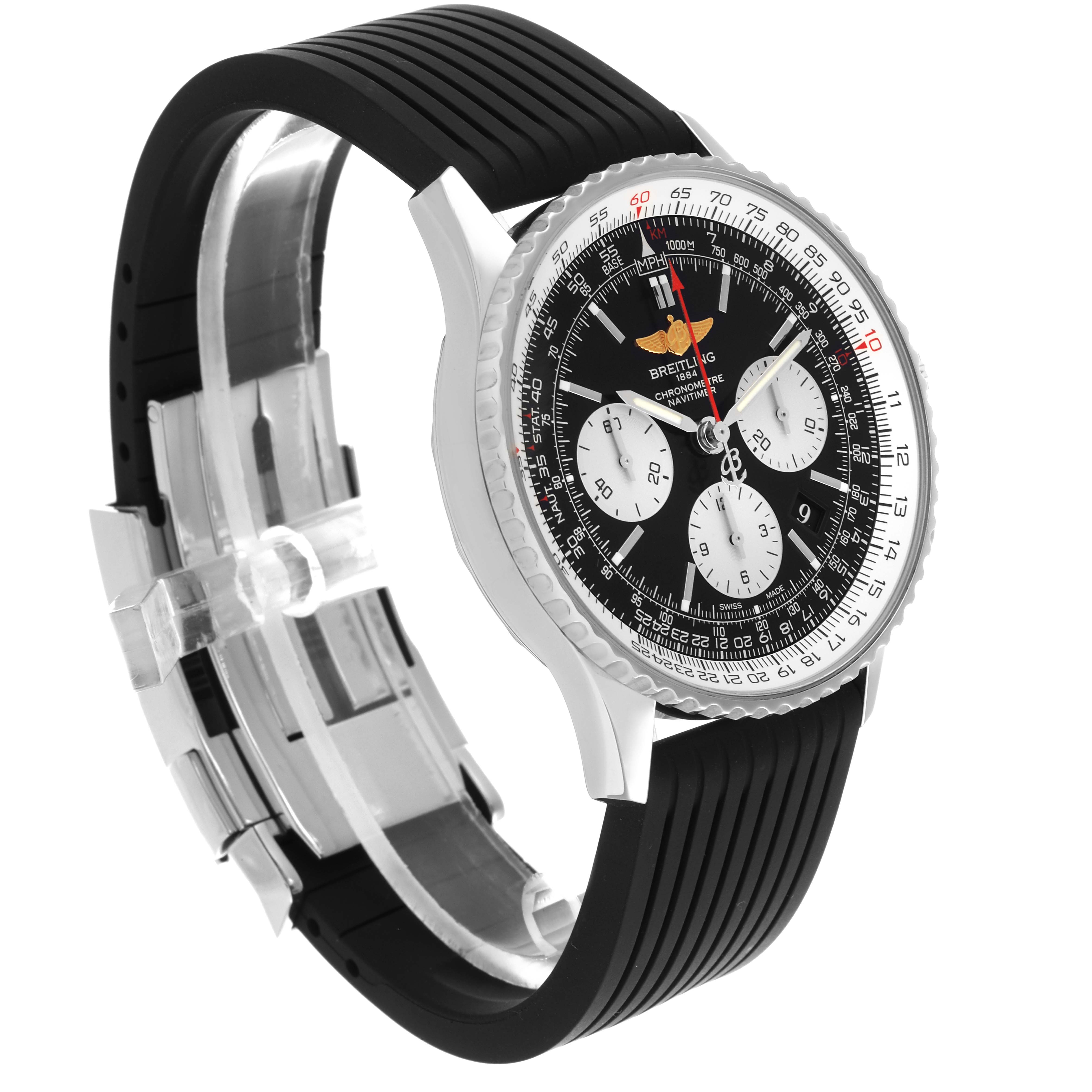 The Breitling Navitimer AB0120 Men
s Stainless Steel Black Dial AB0120 Men
s Stainless Steel Black Dial watch is shown at an angled view, highlighting its black dial, subdials, and black rubber strap.