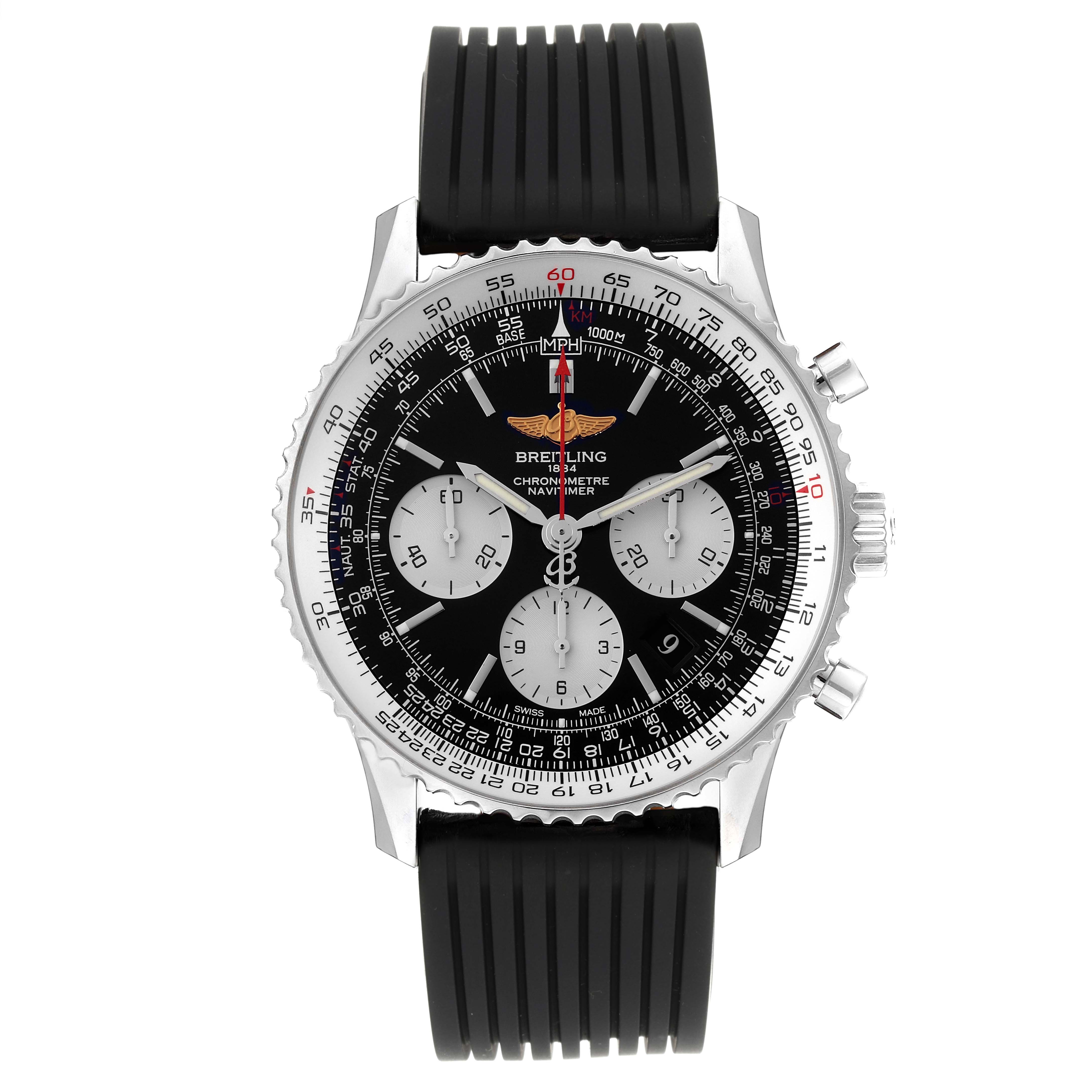 The image shows a Breitling Navitimer AB0120 Men
s Stainless Steel Black Dial AB0120 Men
s Stainless Steel Black Dial watch from the front, displaying the face, bezel, and strap.