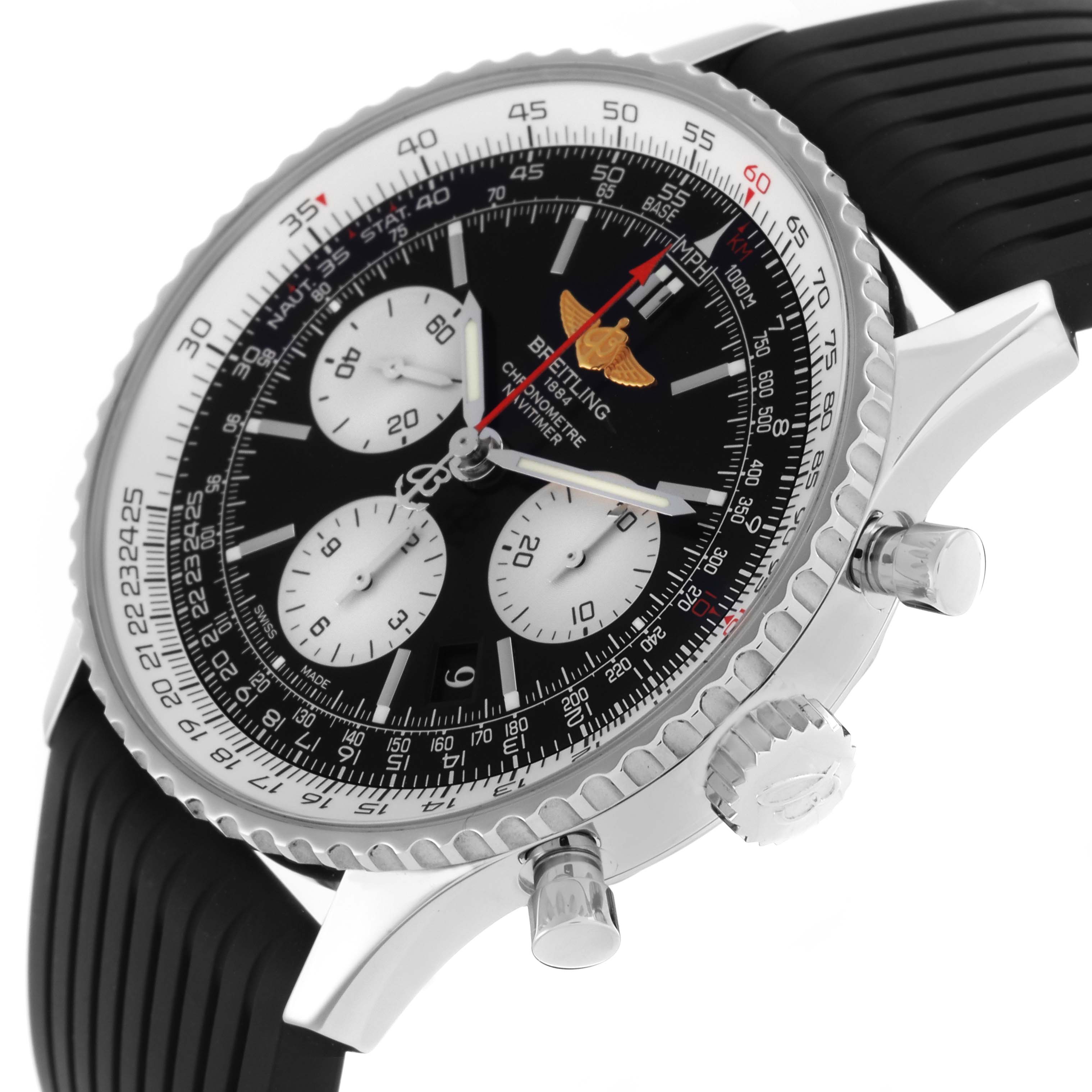 The Breitling Navitimer AB0120 Men
s Stainless Steel Black Dial AB0120 Men
s Stainless Steel Black Dial watch is shown at an angle highlighting the dial, bezel, crown, and pushers, with a black strap.