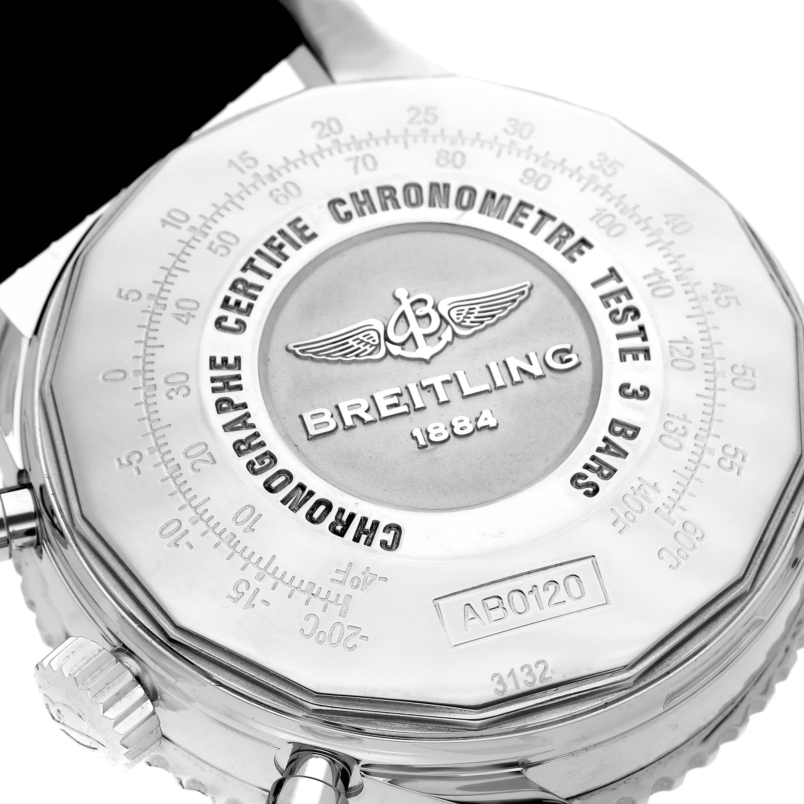 The image shows the back of the Breitling Navitimer AB0120 Men
s Stainless Steel Black Dial AB0120 Men
s Stainless Steel Black Dial, displaying its logo and chronometer details.