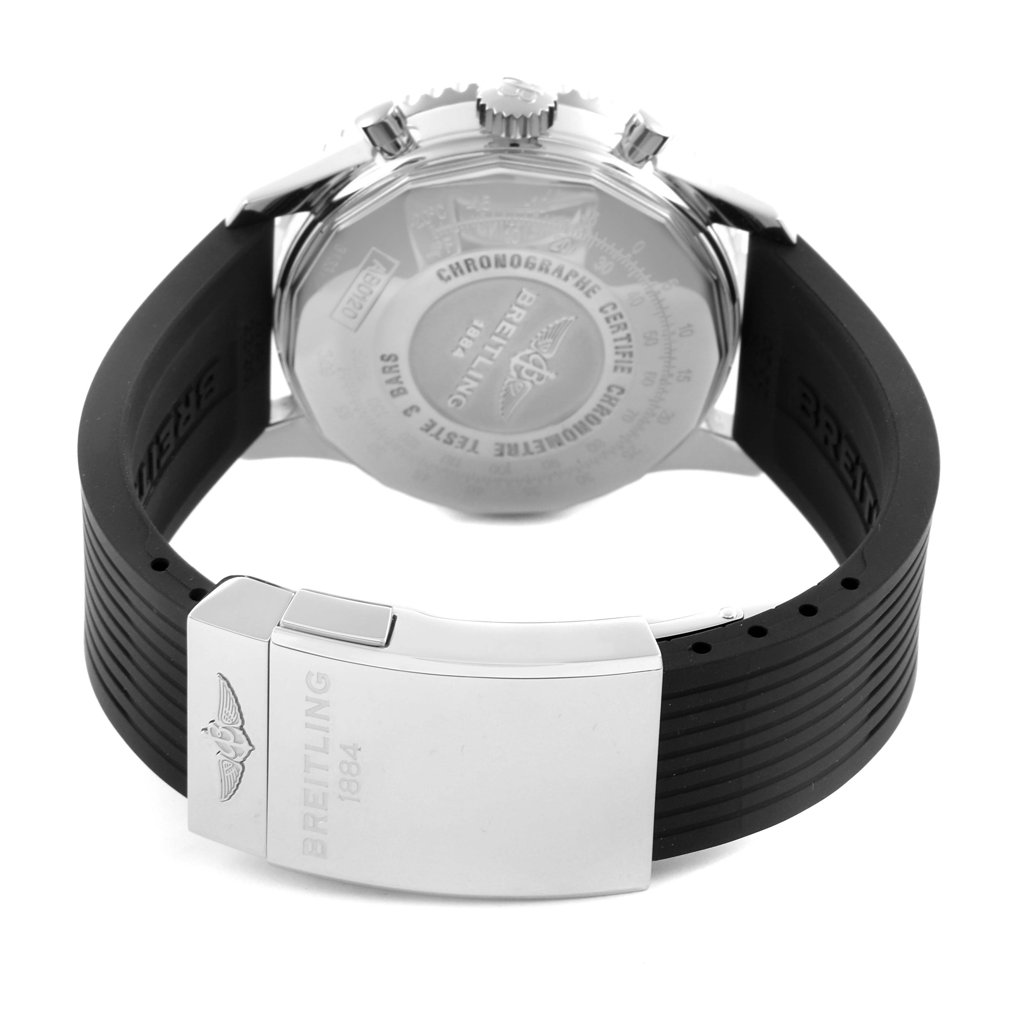 The Breitling Navitimer AB0120 Men
s Stainless Steel Black Dial AB0120 Men
s Stainless Steel Black Dial watch is shown from the back, highlighting the case back and the clasp of the strap.