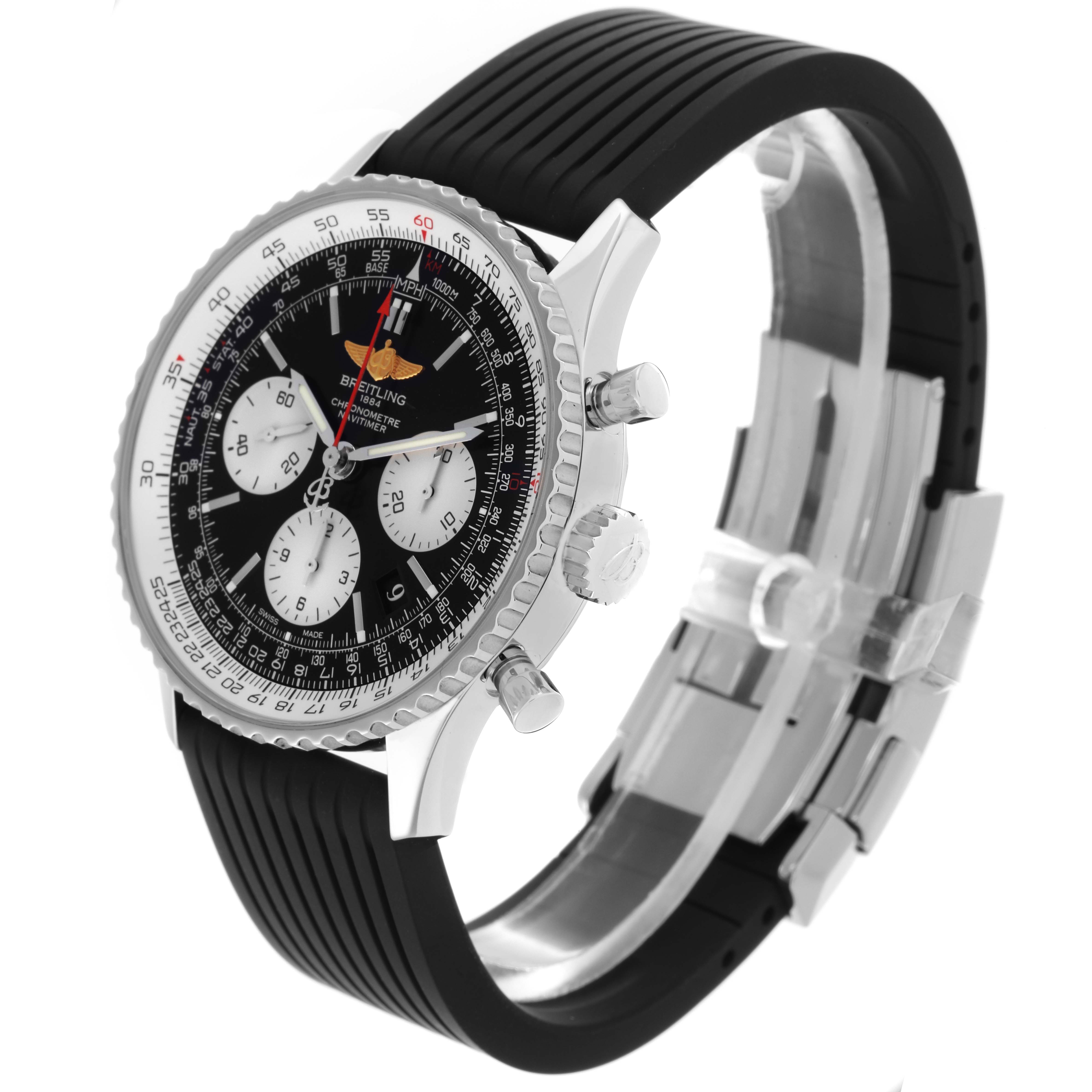 The Breitling Navitimer AB0120 Men
s Stainless Steel Black Dial AB0120 Men
s Stainless Steel Black Dial watch is shown at a side angle, displaying the dial, bezel, crown, pushers, and strap.