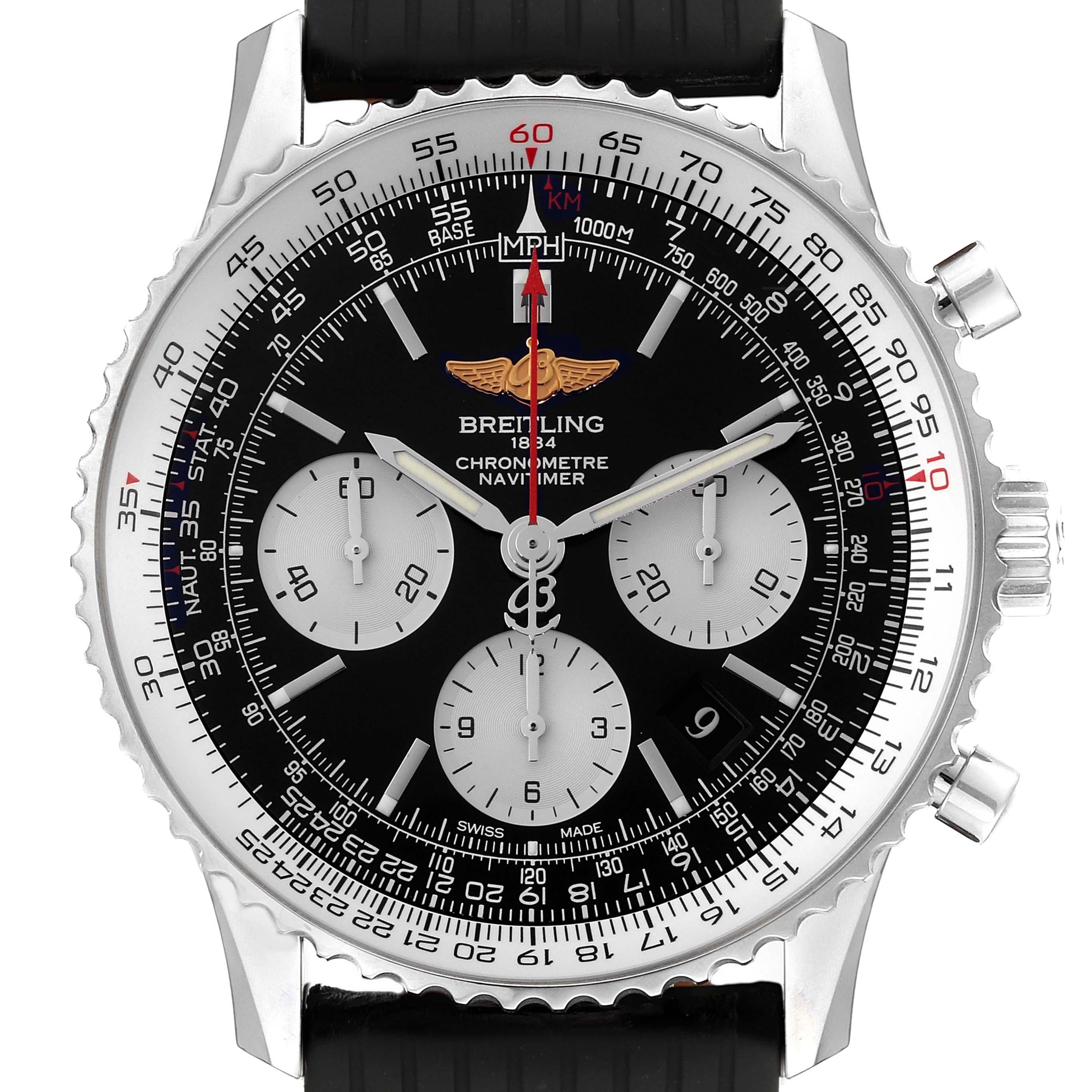 The Breitling Navitimer AB0120 Men
s Stainless Steel Black Dial AB0120 Men
s Stainless Steel Black Dial watch is shown from a front angle, highlighting the dial, bezel, and chronograph subdials.