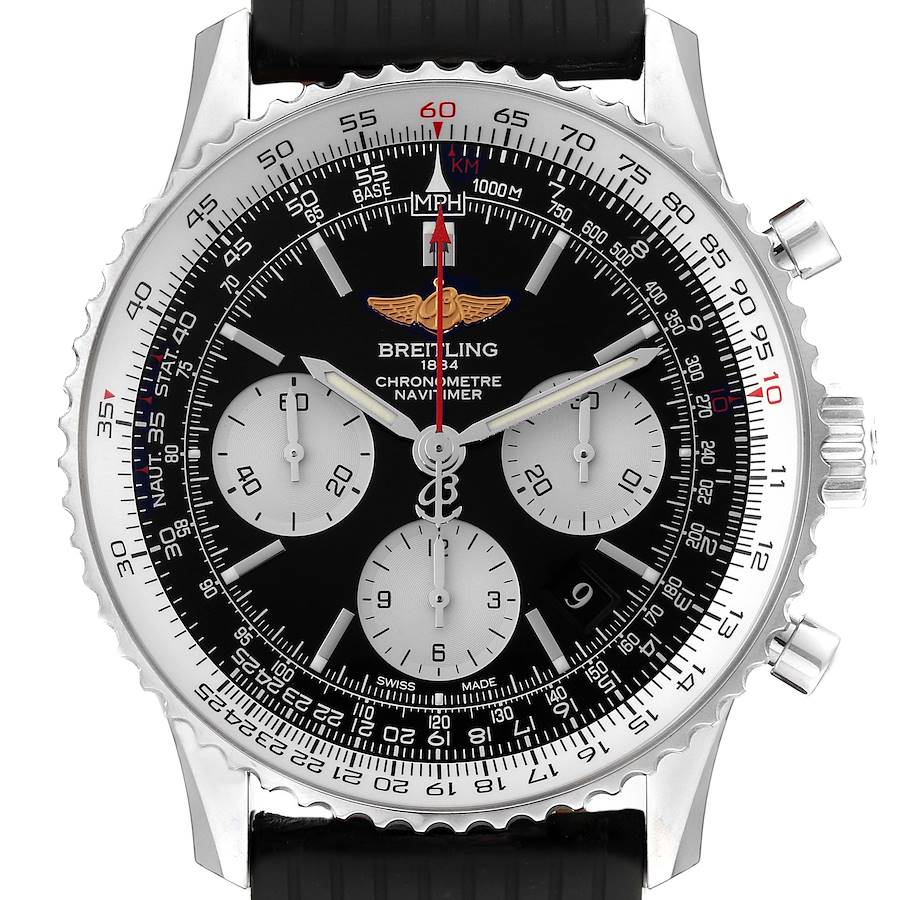 The Breitling Navitimer watch is shown from a front angle, highlighting the dial, bezel, and chronograph subdials.