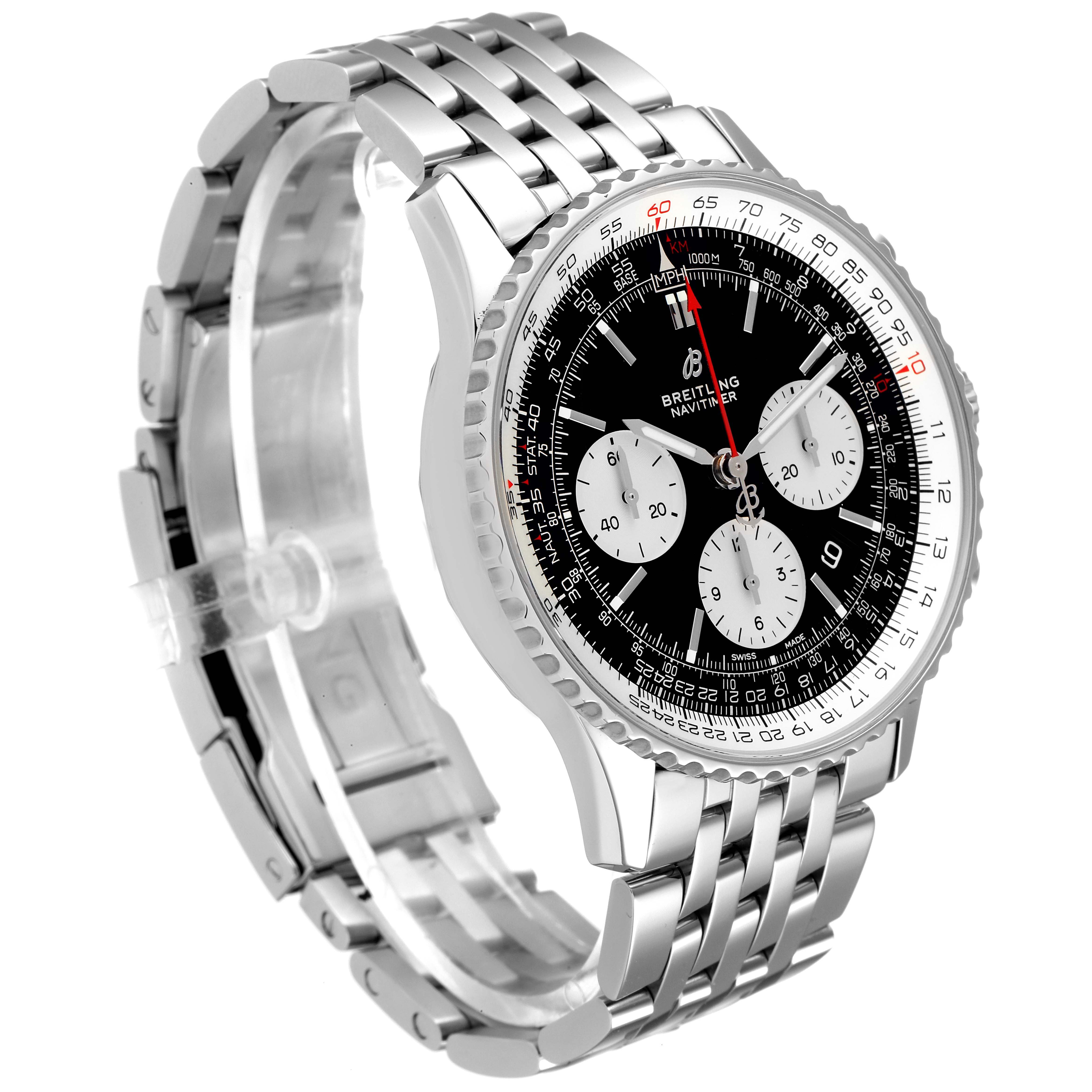The image shows a front angle view of a Breitling Navitimer AB0121 Men
s Stainless Steel Black Dial AB0121 Men
s Stainless Steel Black Dial watch with a black dial, three sub-dials, and a stainless steel bracelet.