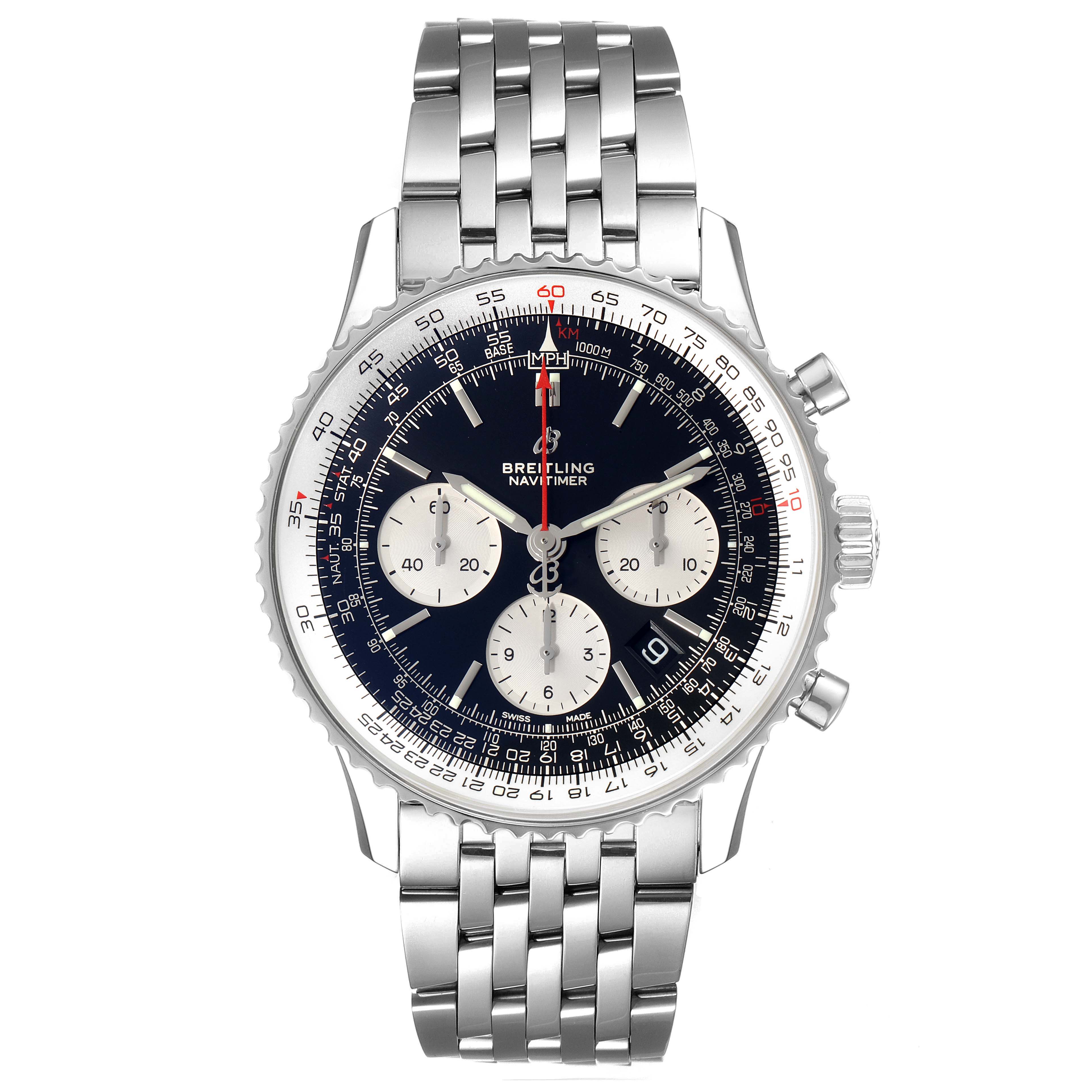 The image shows a front view of a Breitling Navitimer AB0121 Men
s Stainless Steel Black Dial AB0121 Men
s Stainless Steel Black Dial watch with a stainless steel bracelet and a black dial with multiple subdials.
