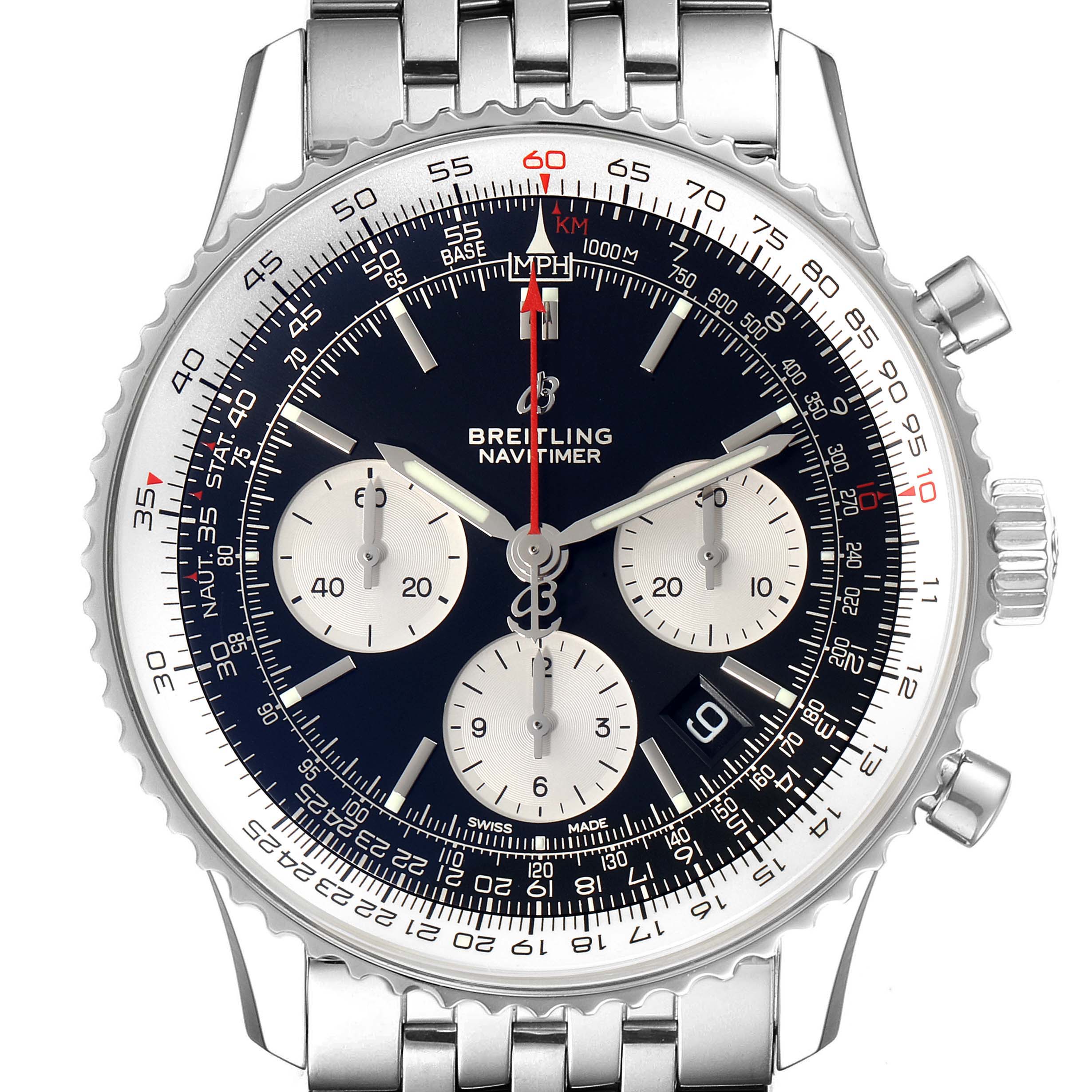 This image shows a close-up front view of the Breitling Navitimer AB0121 Men
s Stainless Steel Black Dial AB0121 Men
s Stainless Steel Black Dial watch, highlighting its face, dials, bezel, and metal bracelet.